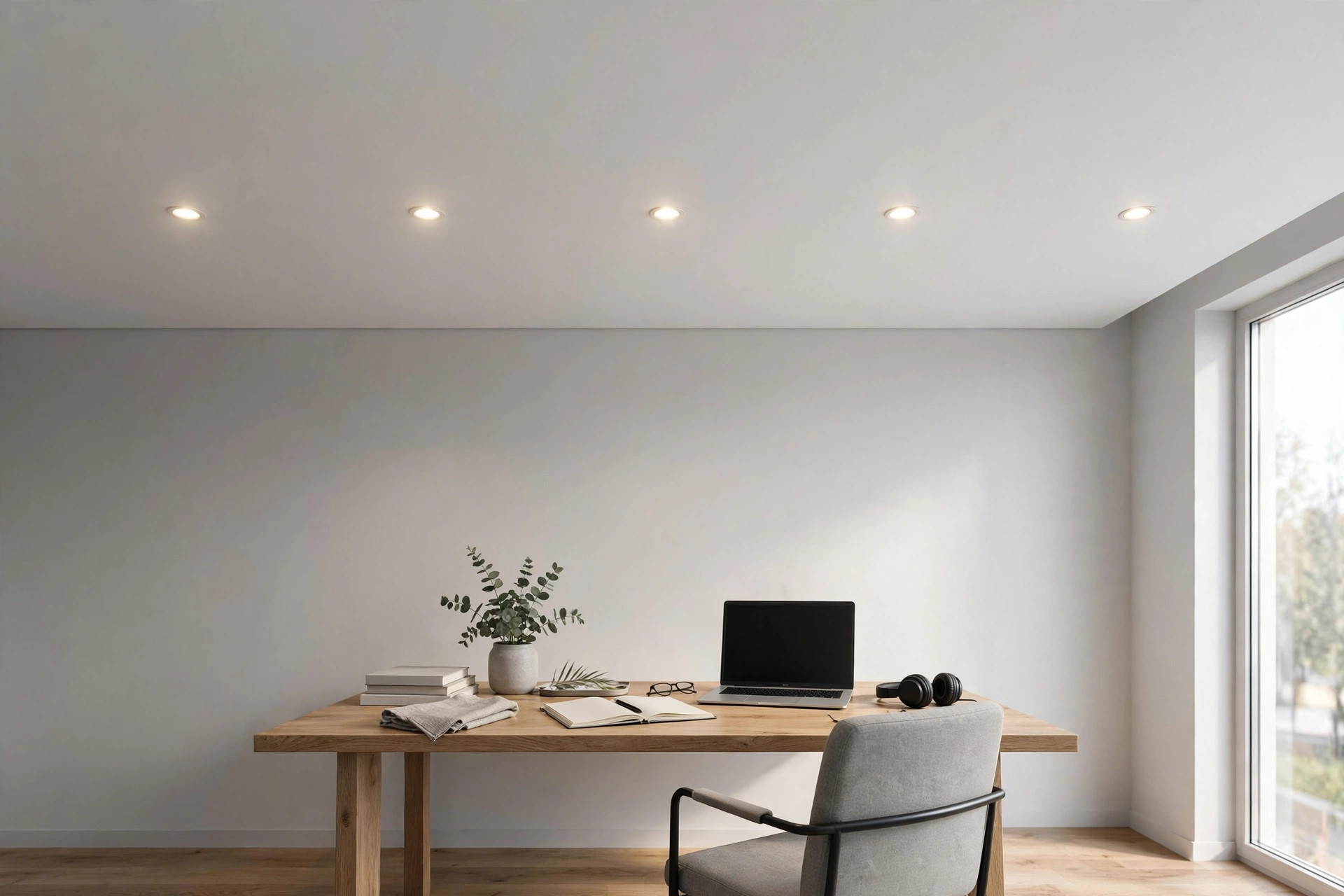 Concept render of a slim flat white gypsum ceiling with neat recessed spotlights over a study desk