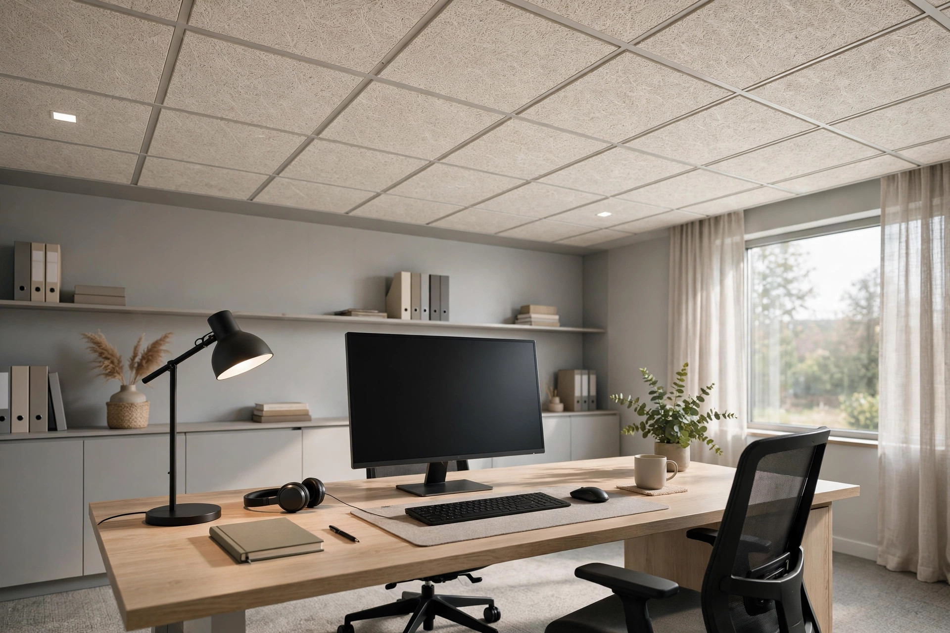 Concept render of a professional home office with a mineral-fibre acoustic tile grid ceiling