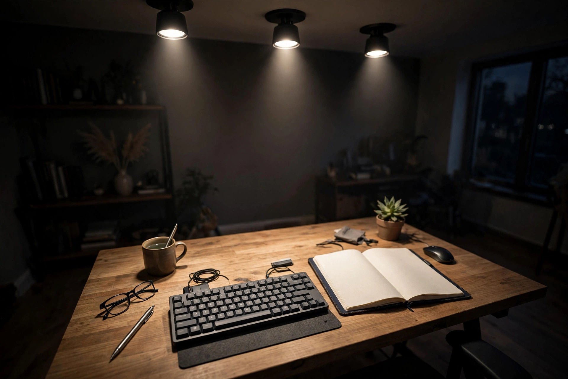 Concept render of a home office desk brightly lit by focused ceiling task spots with the rest of the room calmly dim