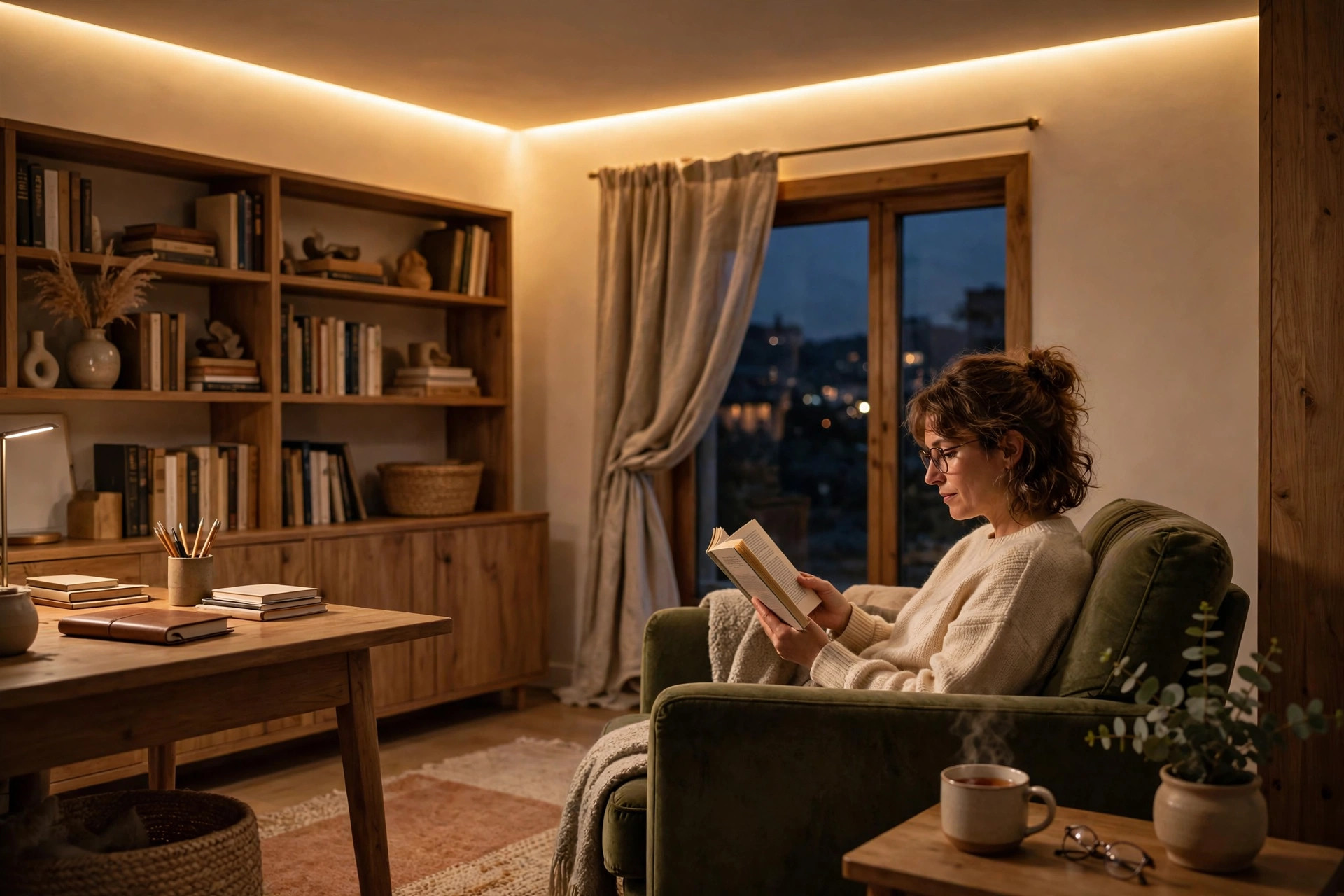 Concept render of a study room in the evening with soft warm cove lighting and a person reading in an armchair