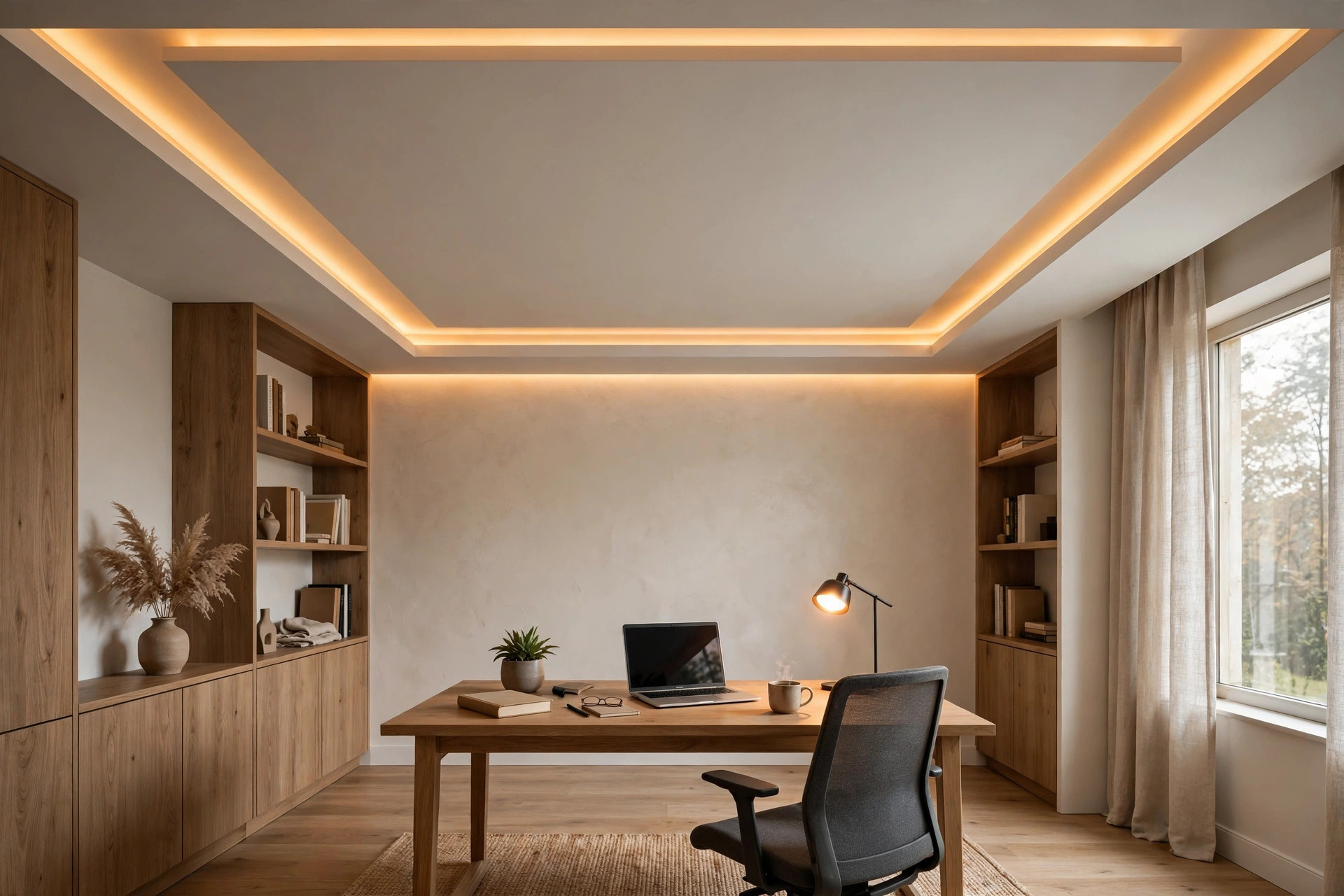 Concept render of a study room with a peripheral border ceiling and warm cove strip light