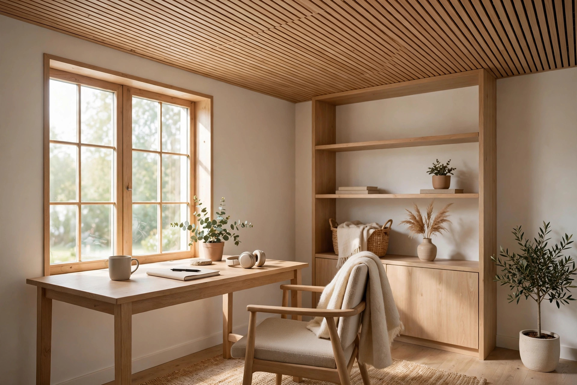 Concept render of a warm Scandinavian-style home office with a full wood-slat ceiling and soft daylight