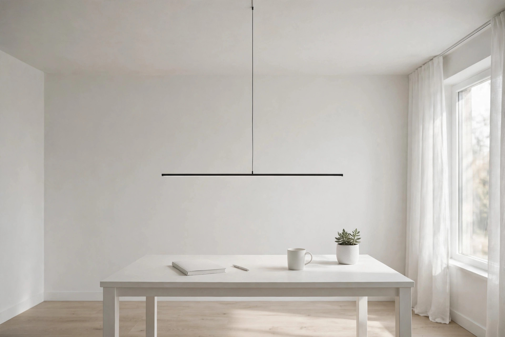 Concept render of an ultra-minimal white study room with a single slim linear pendant light over a clean desk
