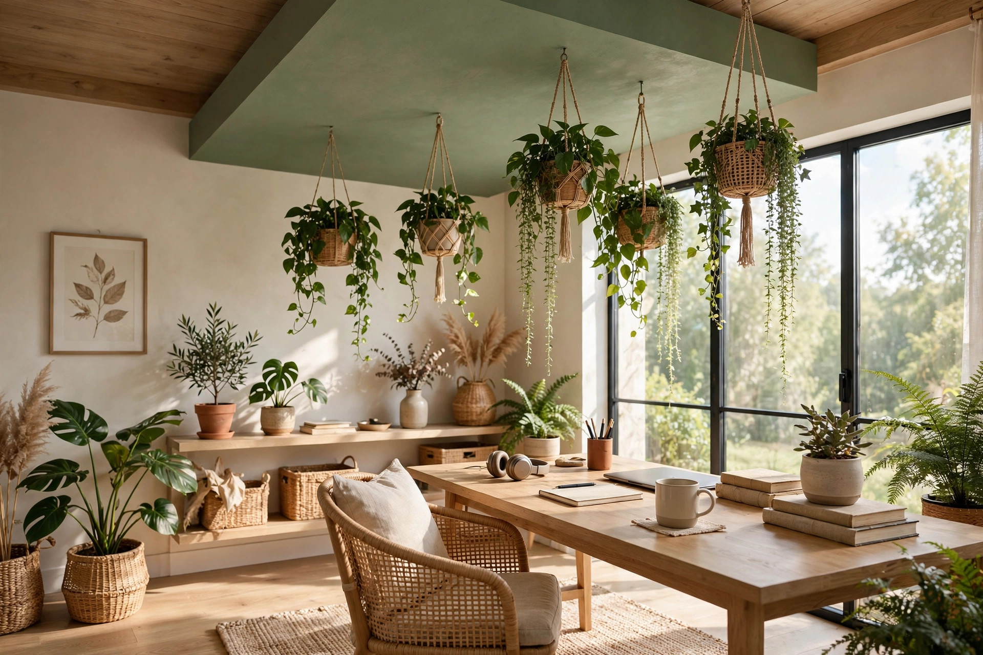 Concept render of a home office with a sage-green accent ceiling panel and hanging plants in natural daylight