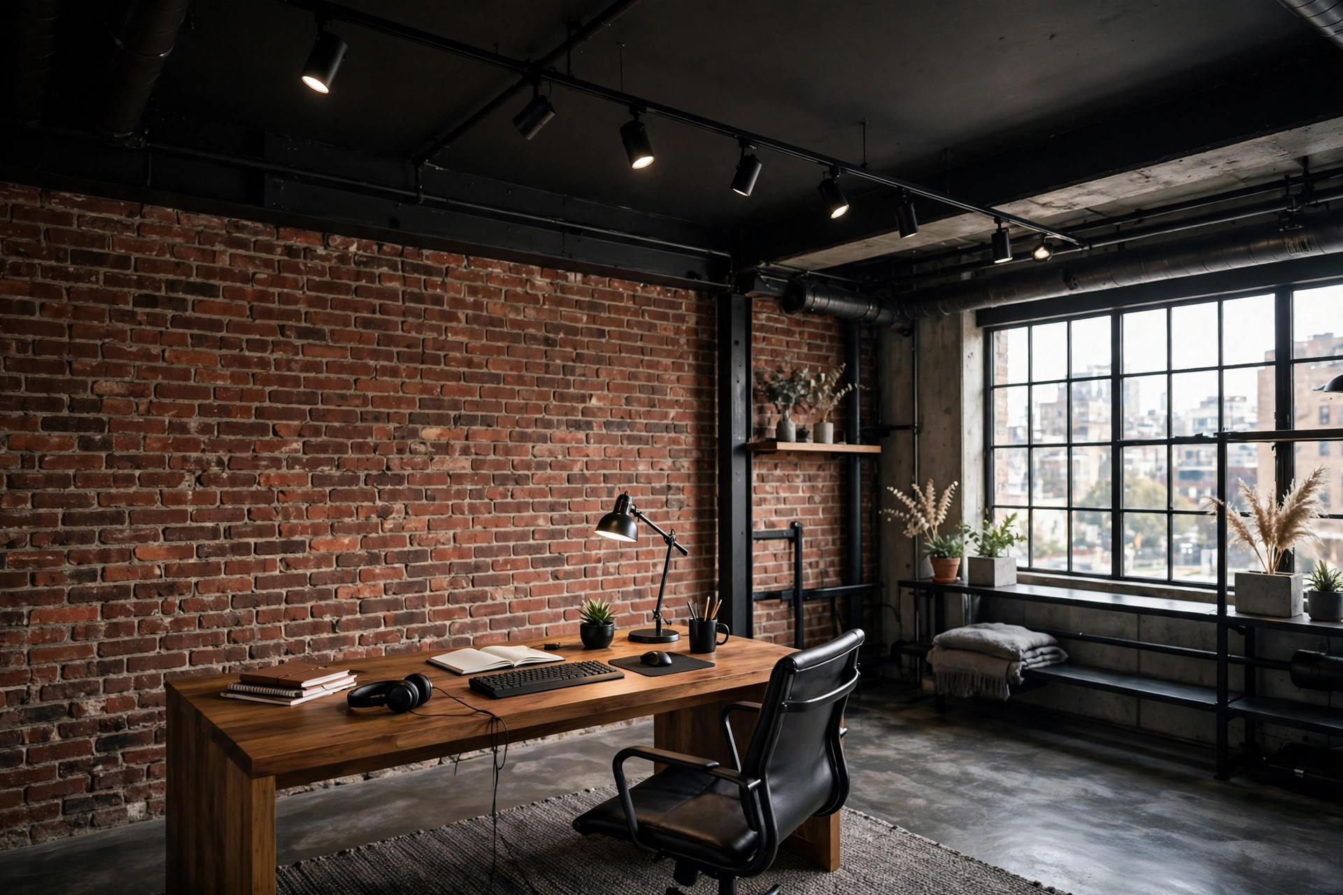 Concept render of an industrial loft-style home office with a dark charcoal ceiling and black track spots