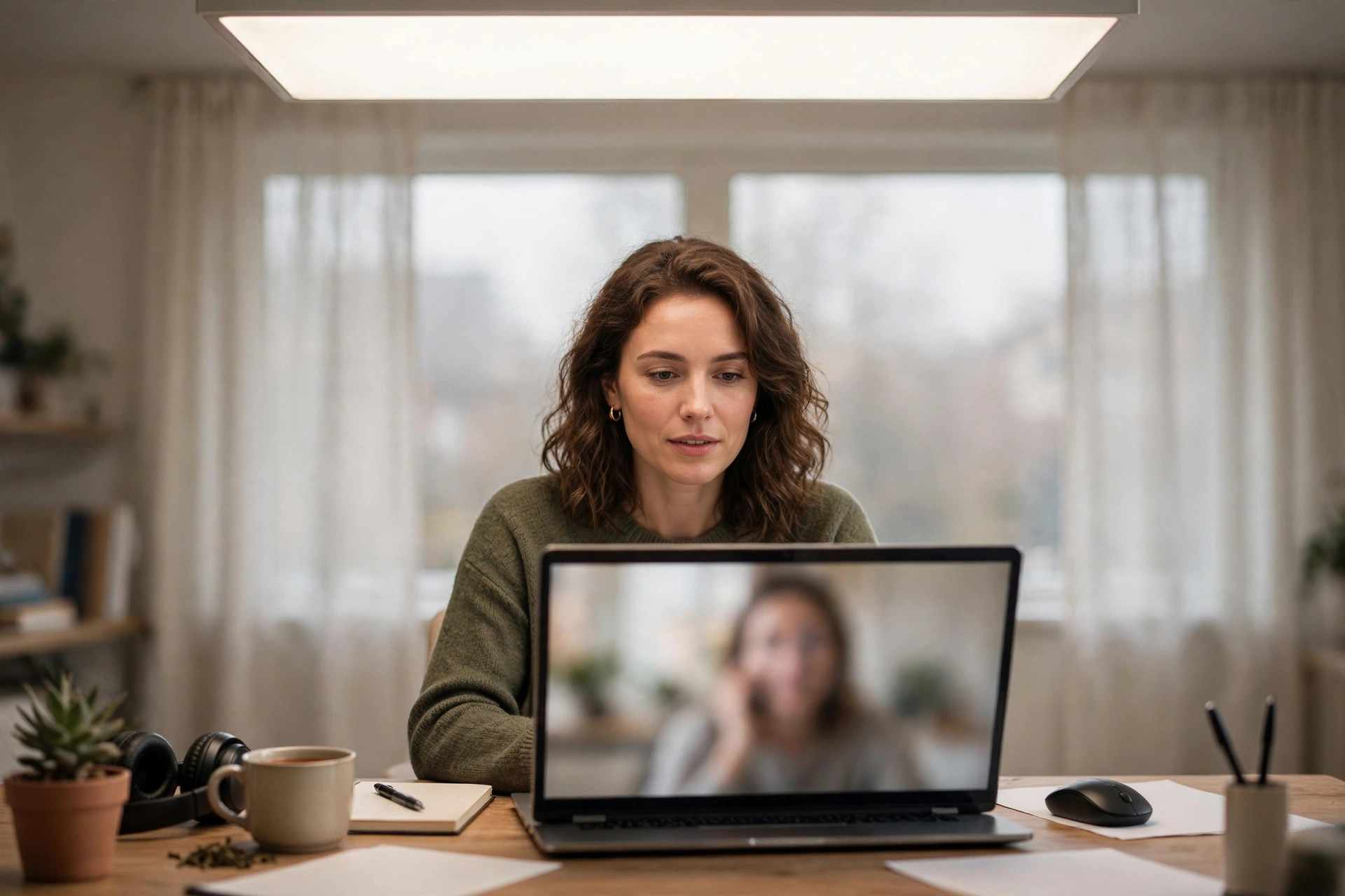 Concept render of a person at a home office desk on a video call with soft even front light from a ceiling panel and no harsh backlight