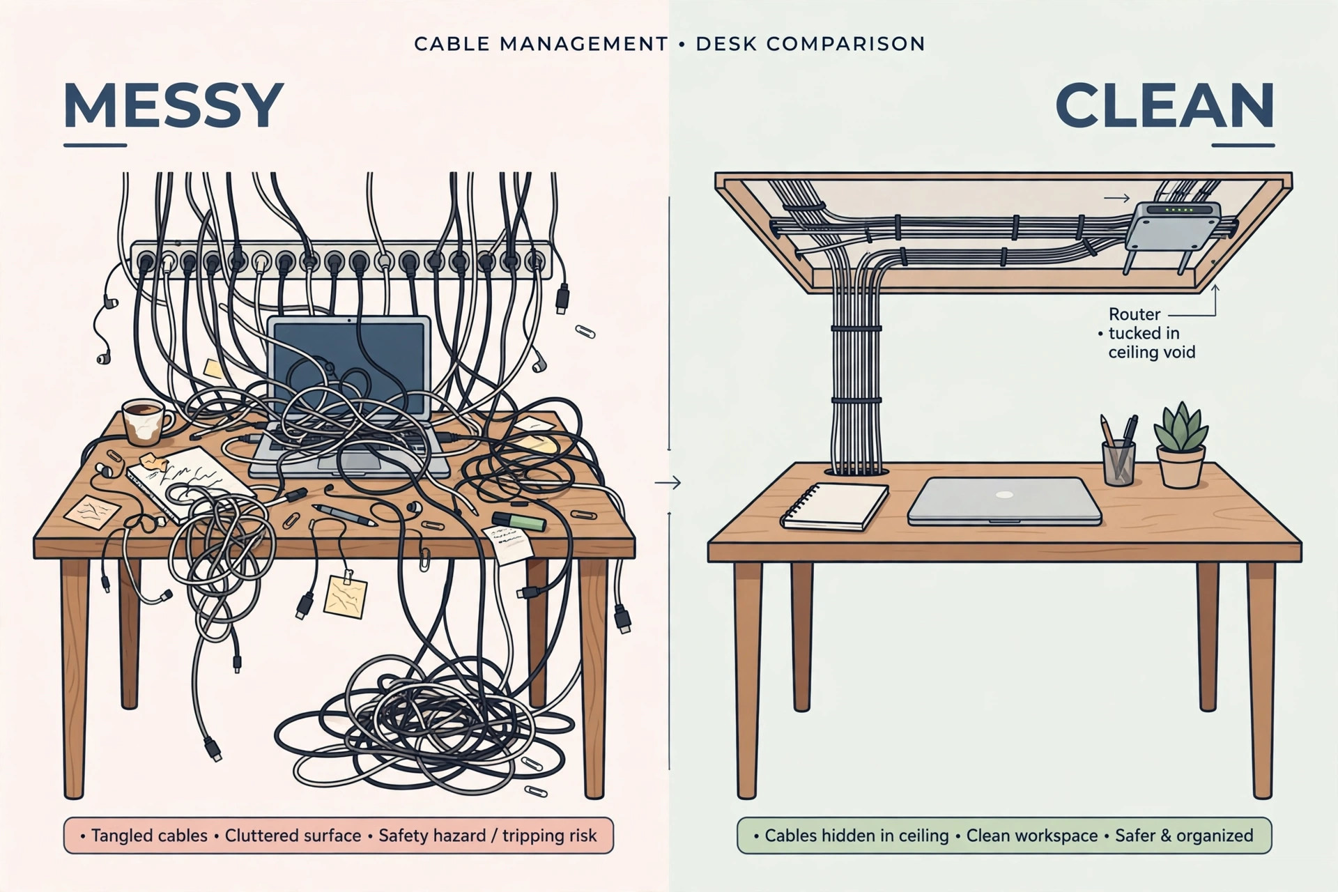 Illustration comparing a messy desk with tangled cables versus the same desk clean with cables hidden in the ceiling void