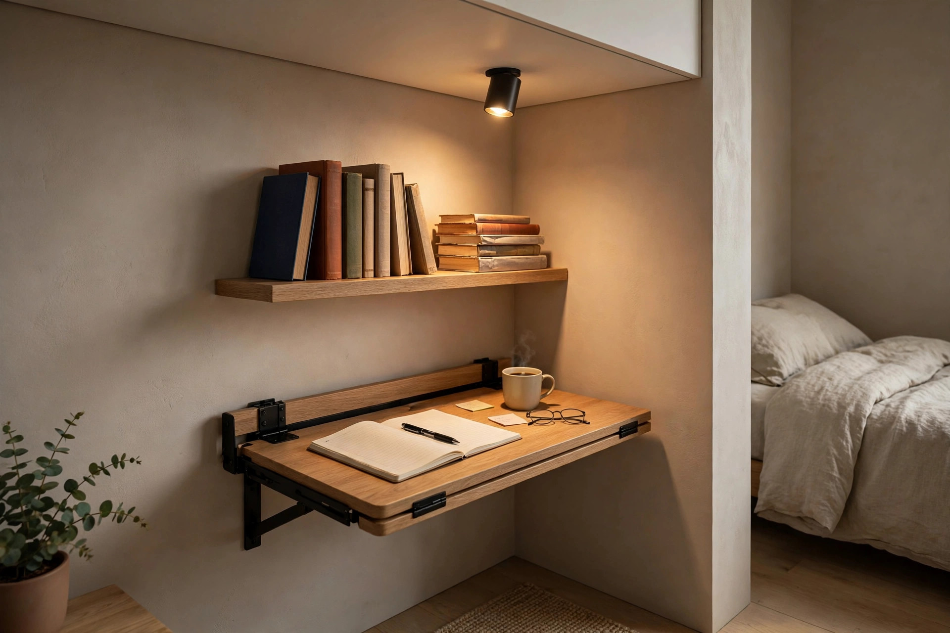 Concept render of a small study nook in a bedroom corner with a slim flat ceiling, wall-mounted folding desk and warm spot light