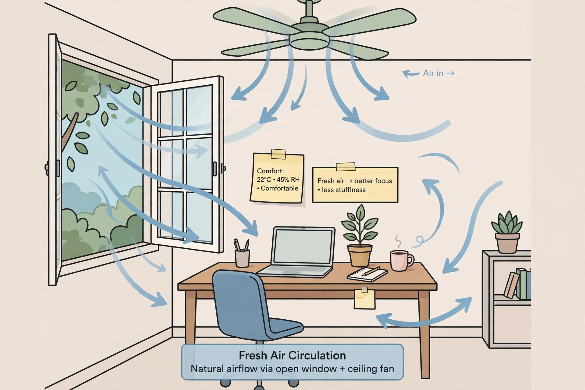 Illustration of a home office with an open window and ceiling fan showing fresh airflow circulation over the desk