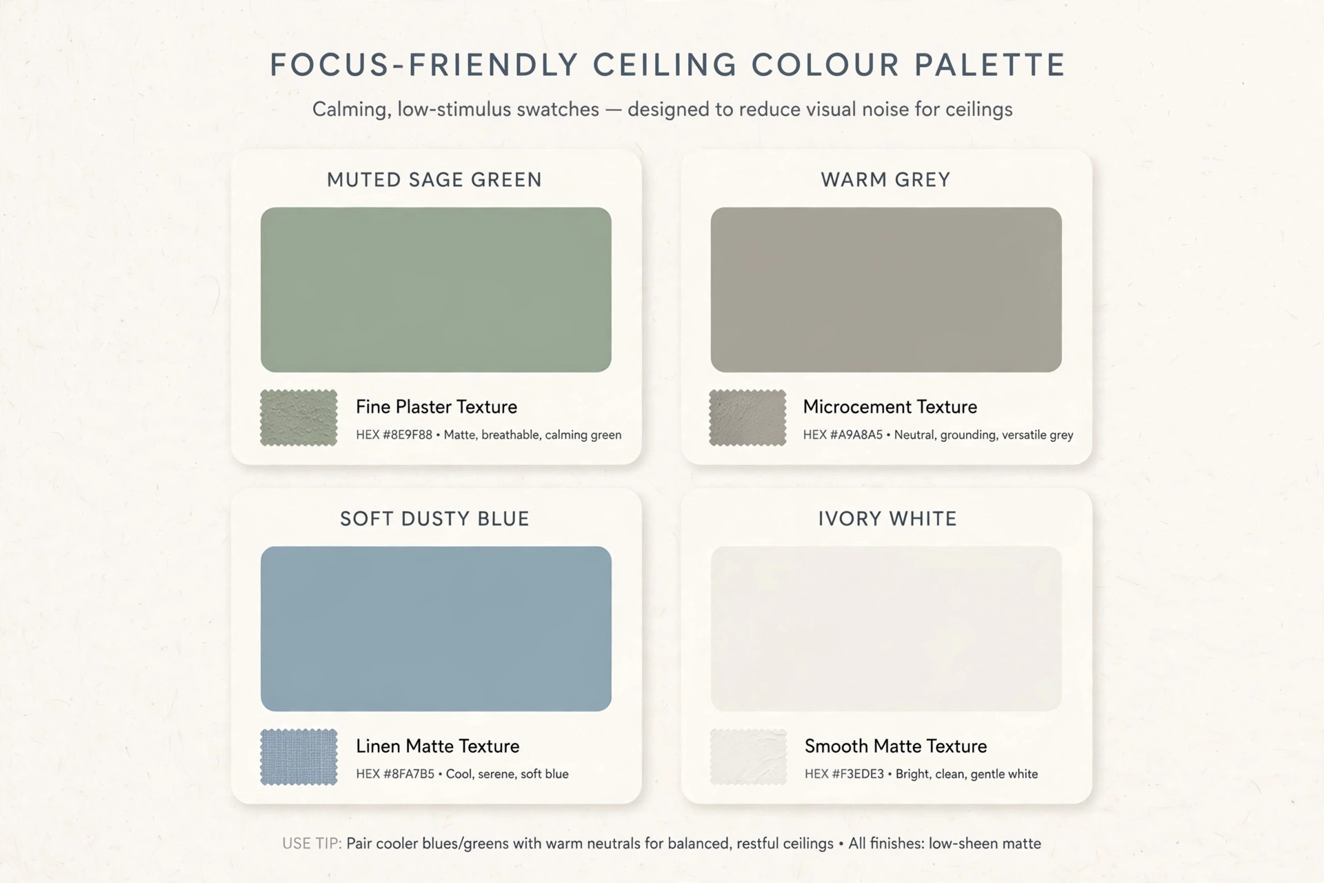Illustration of a focus-friendly ceiling colour palette with muted sage green, warm grey, soft dusty blue and ivory white swatches