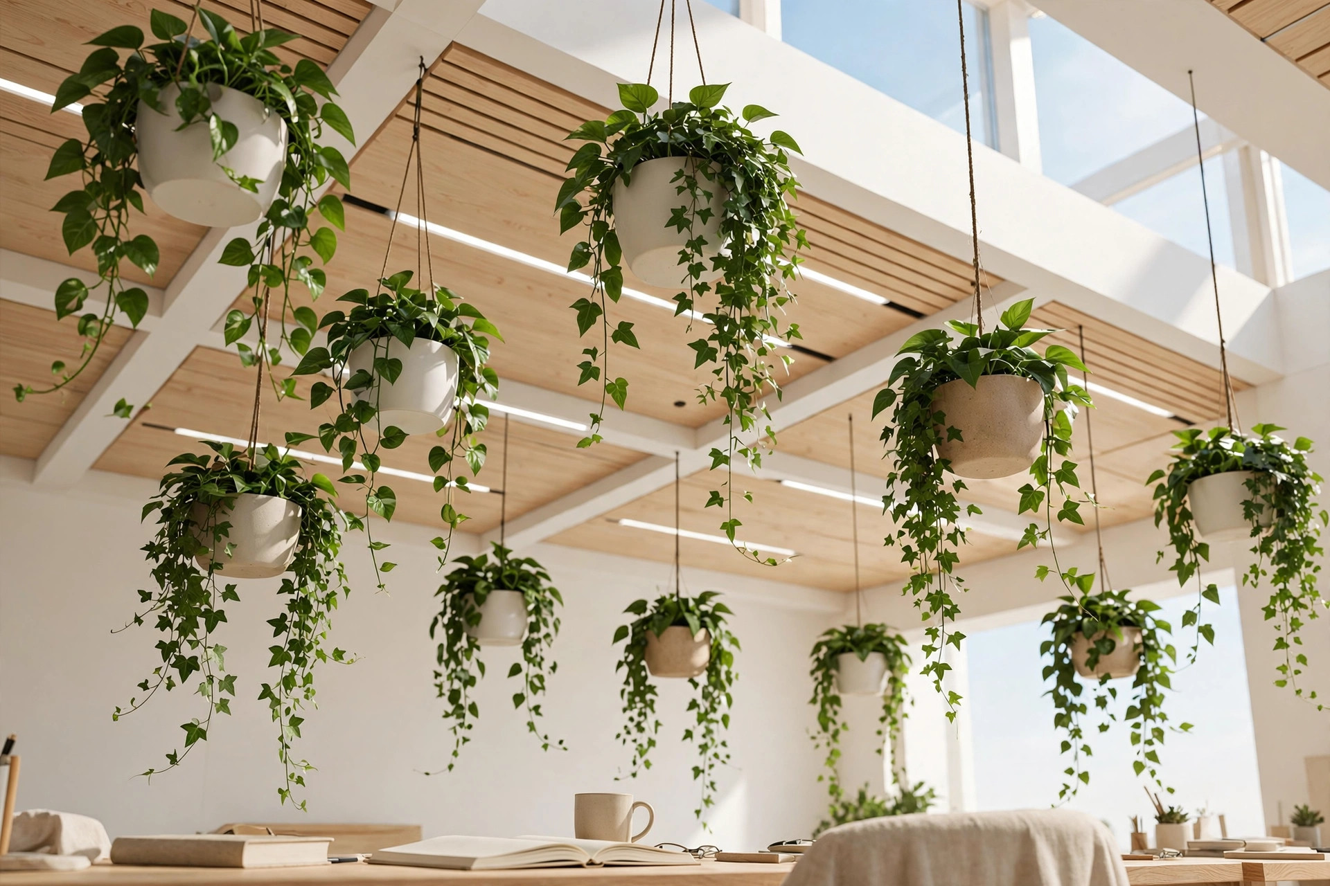 Concept render of a bright study room ceiling with hanging planters trailing green leaves in daylight