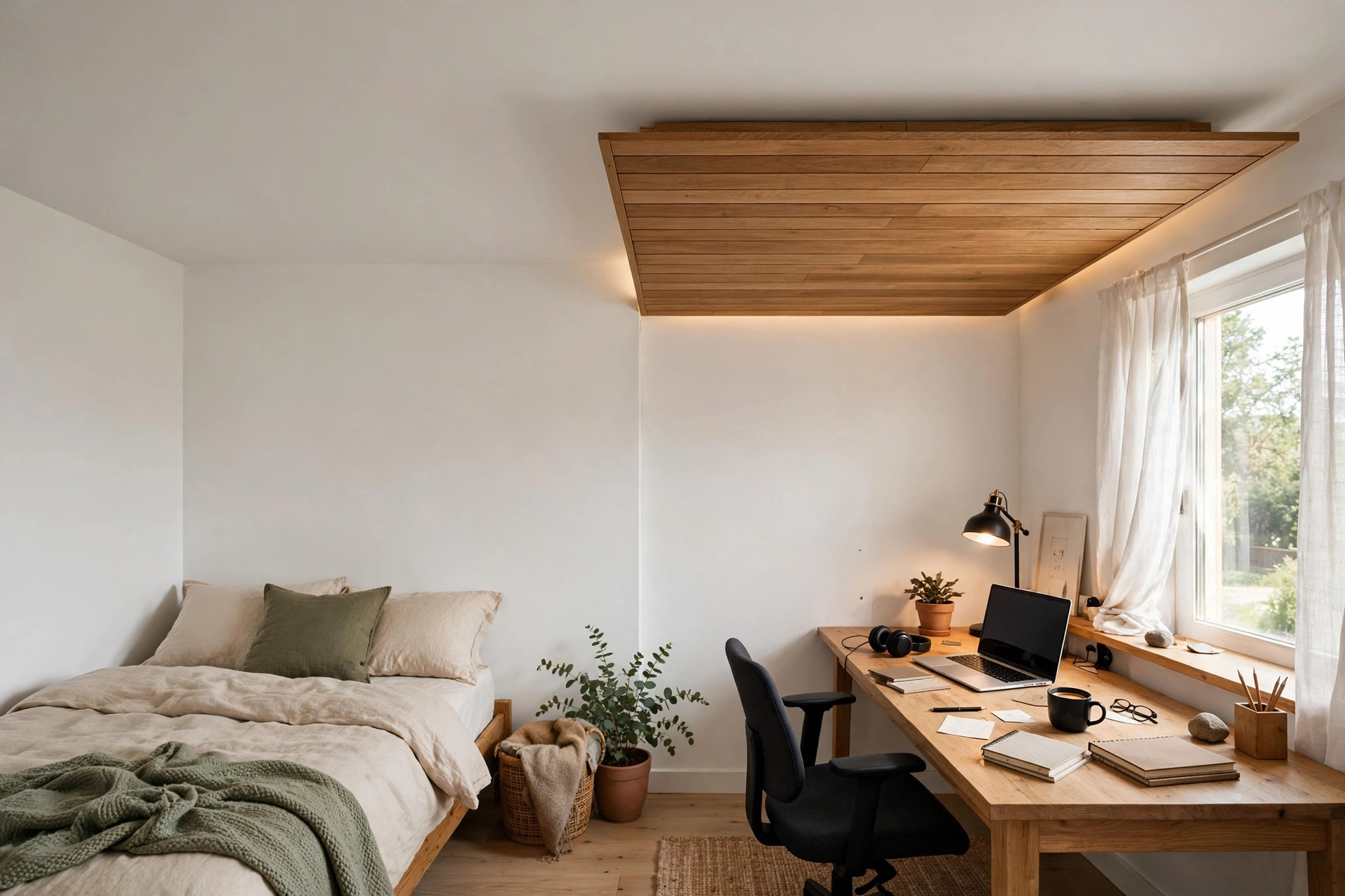 Concept render of a bedroom corner doubling as a home office with a dropped wooden ceiling panel marking the work zone
