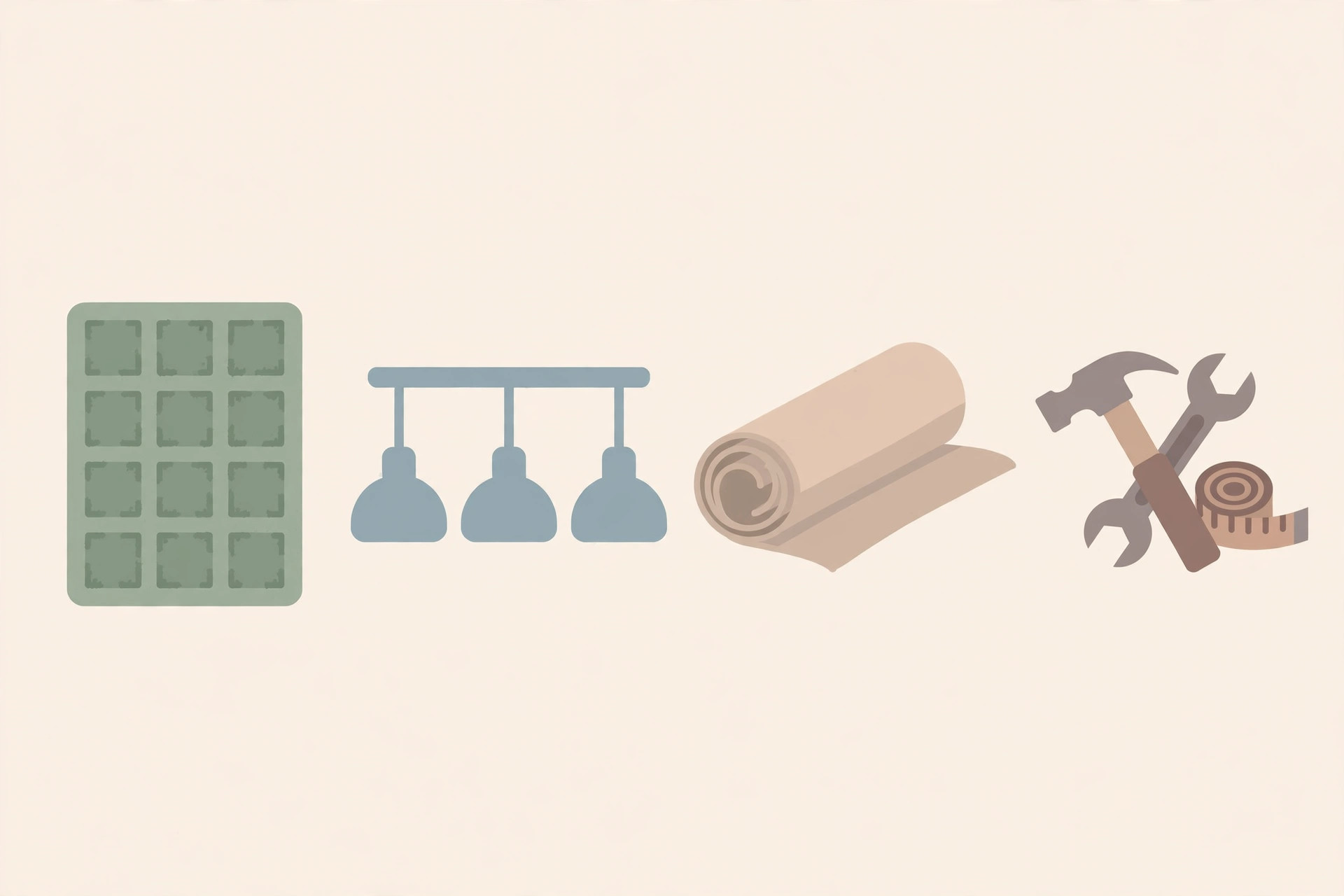 Illustration infographic of four study ceiling cost drivers: acoustic treatment, lighting specification, design complexity and materials