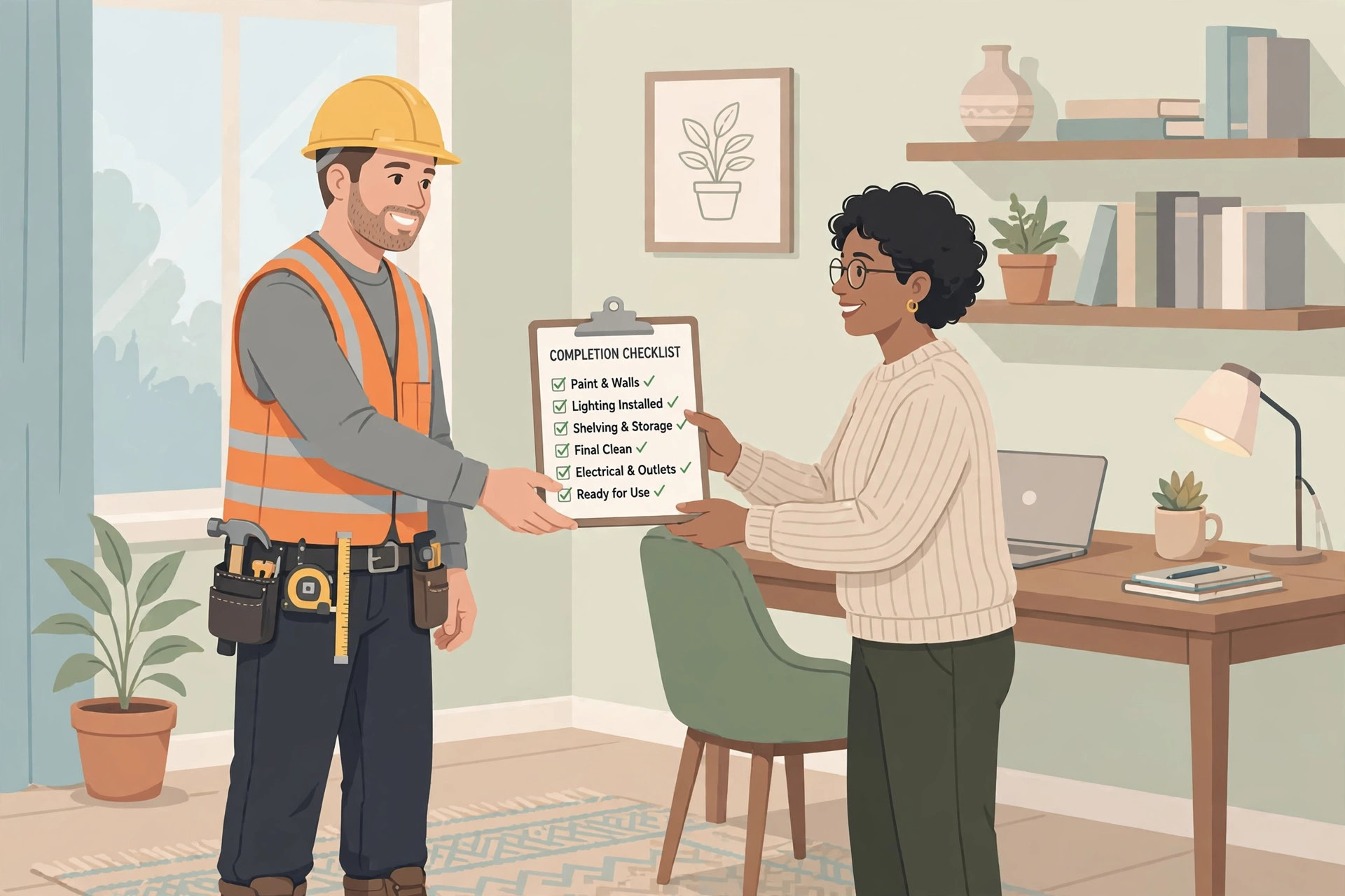 Illustration of a contractor handing a completion checklist to a homeowner in a finished home office