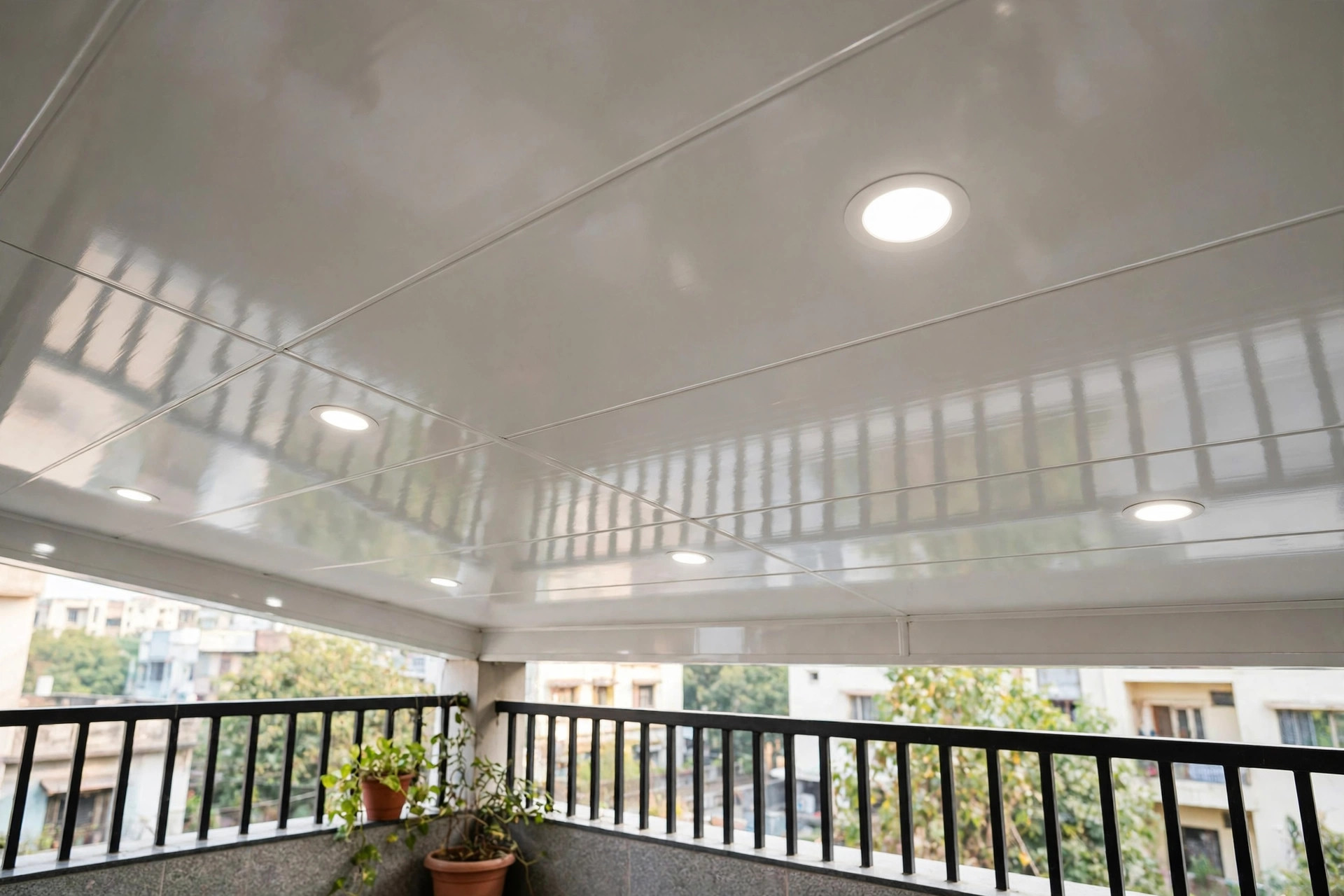 Concept render of a glossy white PVC panel false ceiling with recessed LED spots on an Indian balcony