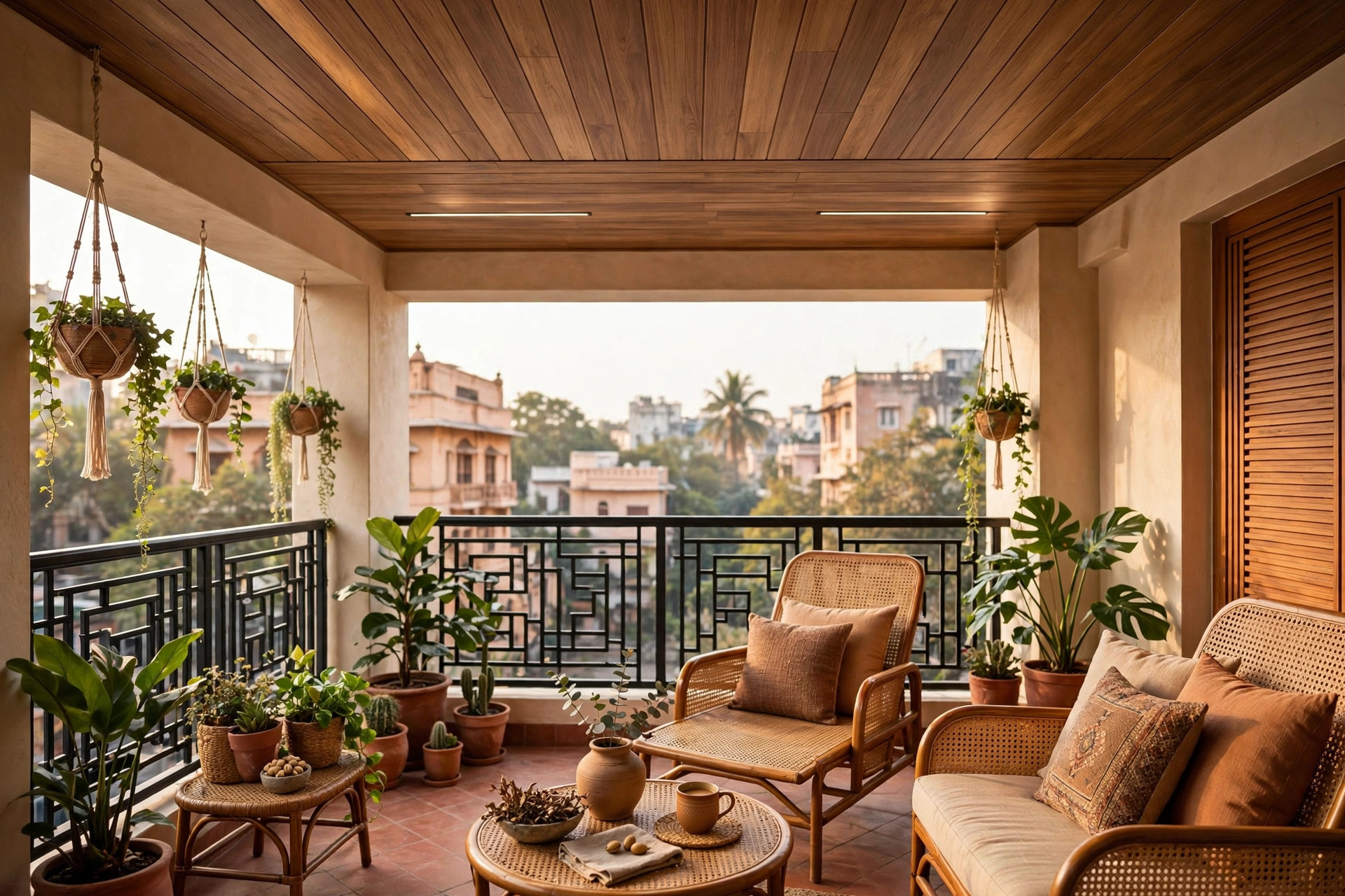 Concept render of a wood-look WPC plank false ceiling on a stylish Indian balcony with cane furniture
