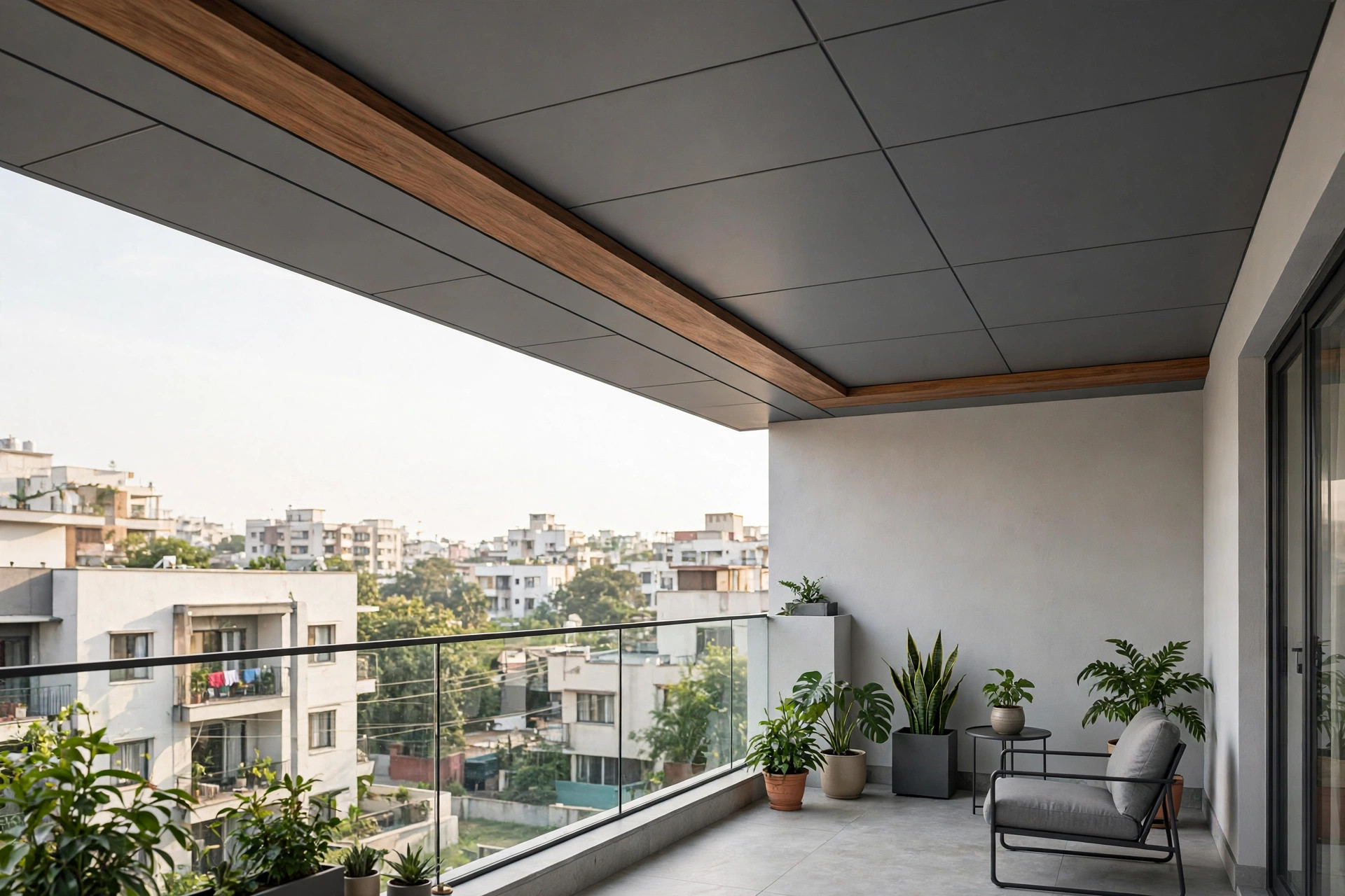 Concept render of a modern aluminium composite panel false ceiling in matte grey with a wood-finish accent strip on an Indian balcony