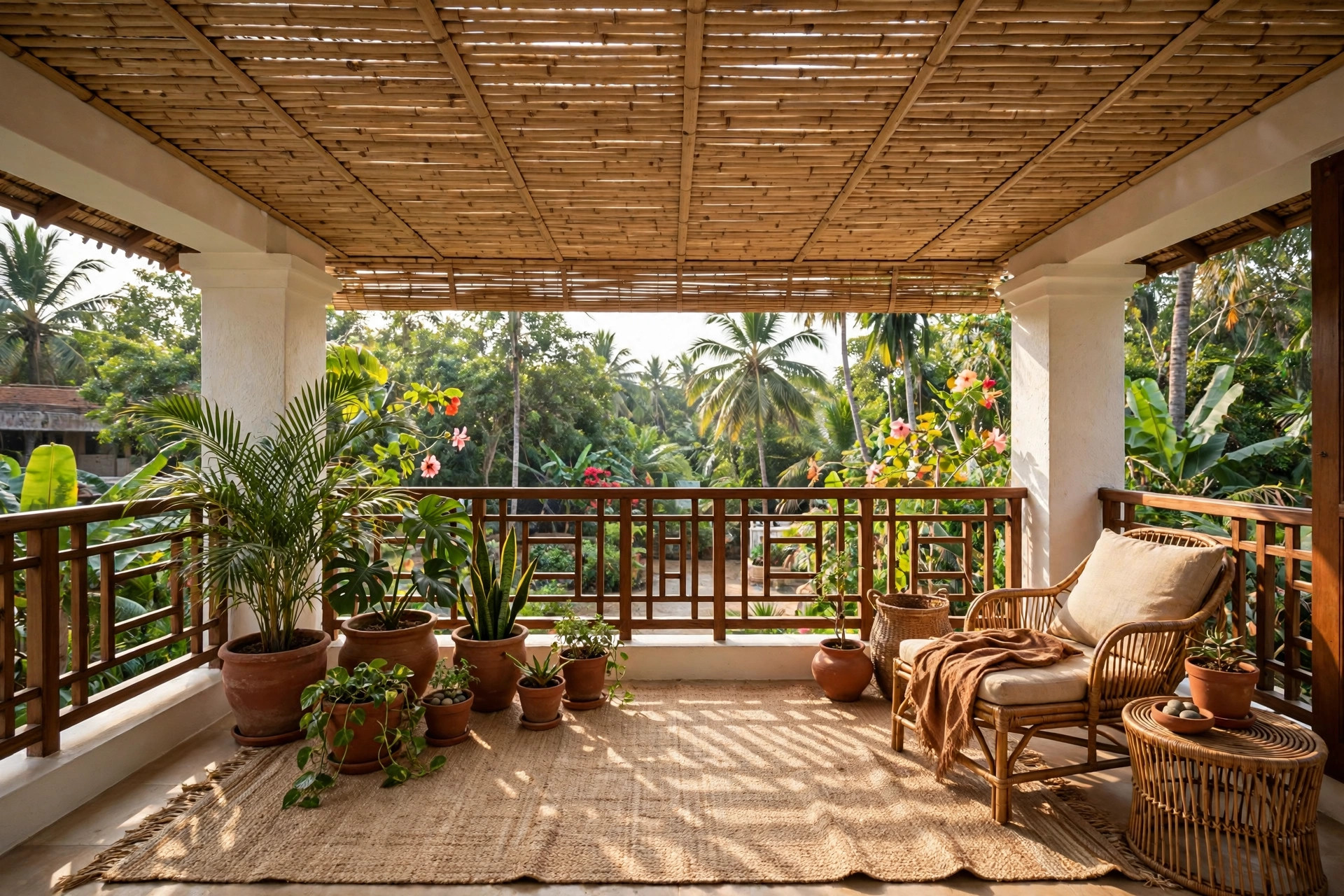 Concept render of a natural bamboo slat false ceiling on a tropical-style Indian balcony with jute rug and terracotta pots