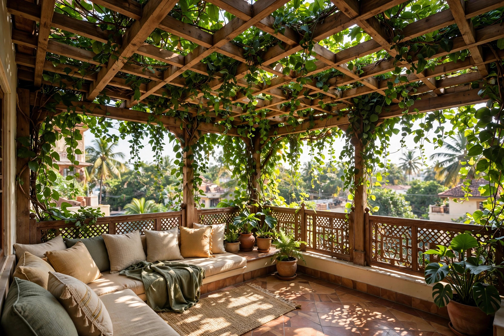 Concept render of a pergola-style wooden rafter ceiling with green climbing plants trailing over an Indian balcony sit-out