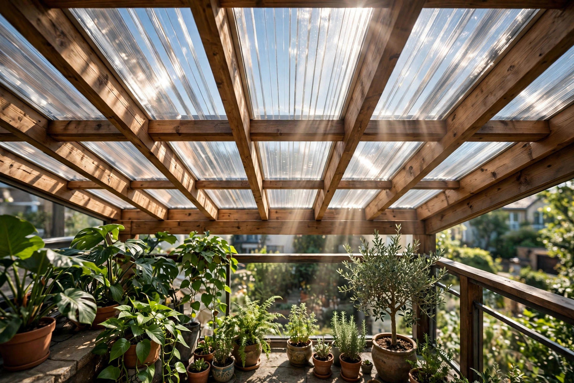 Concept render of a balcony ceiling with transparent skylight panels between wooden beams, daylight streaming onto plants below