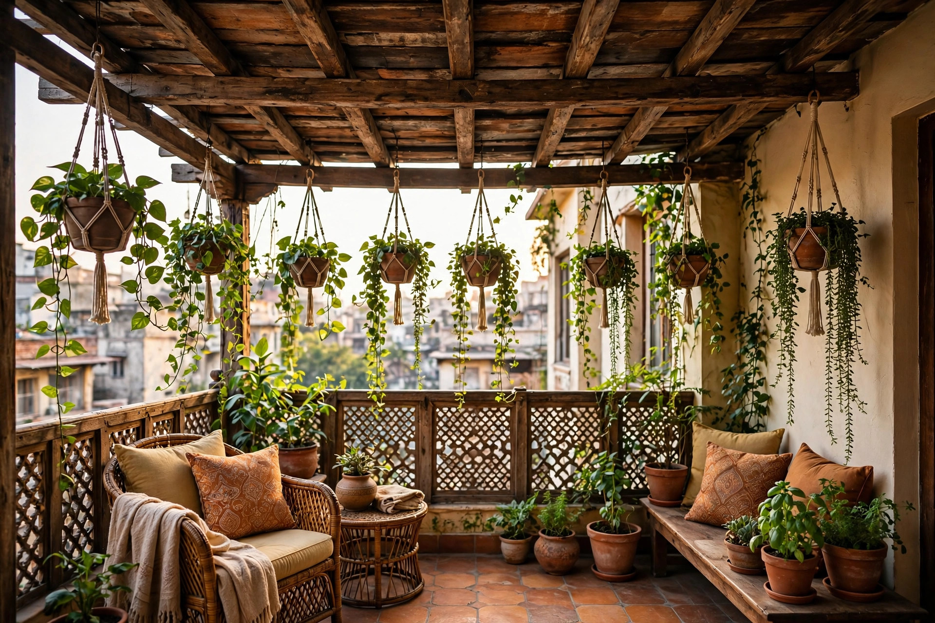 Concept render of a wooden beam ceiling with hanging planters and creepers on a cozy Indian apartment balcony