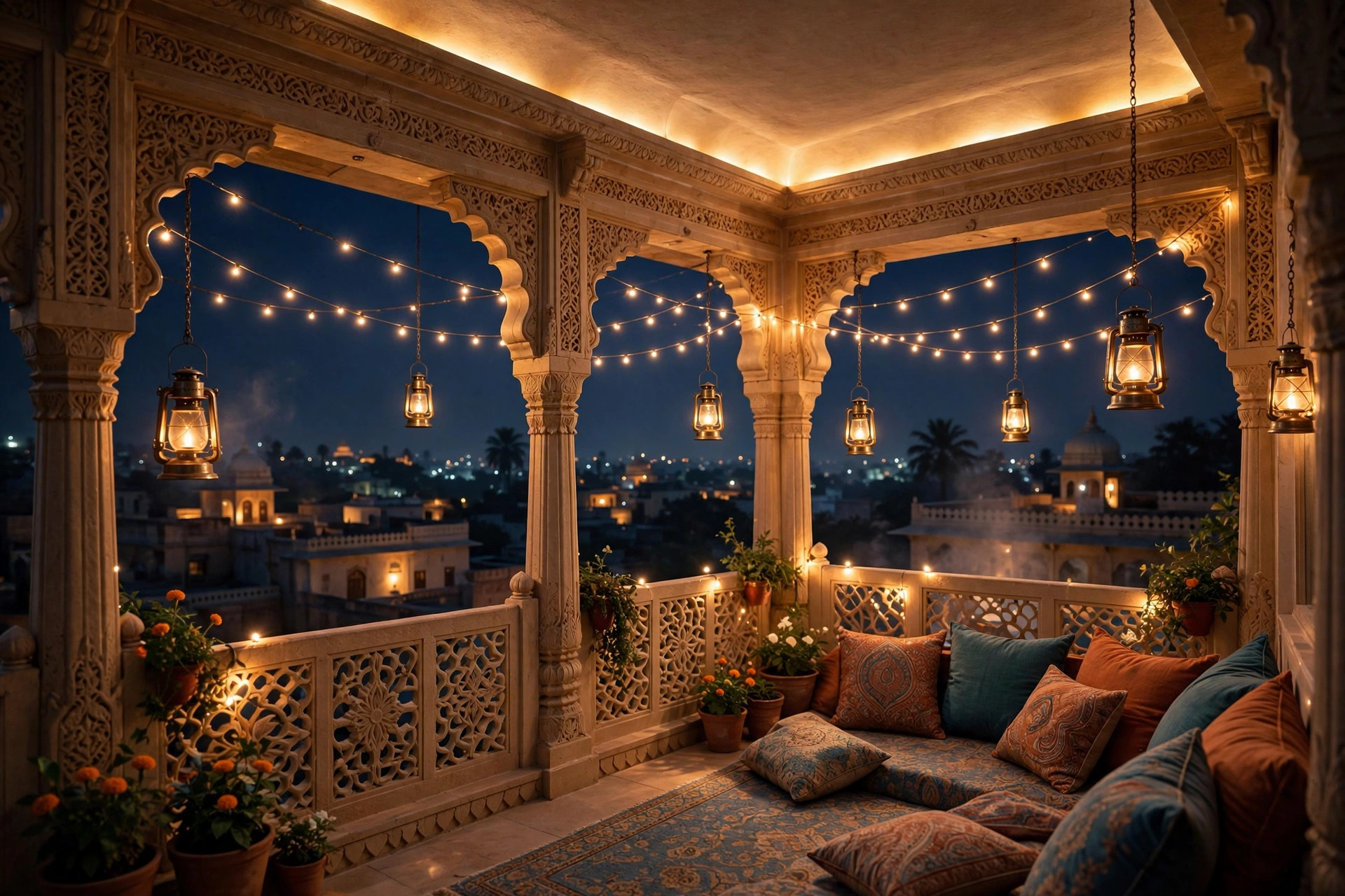 Concept render of an Indian balcony at night with warm hanging lanterns, string lights and a cove-lit ceiling