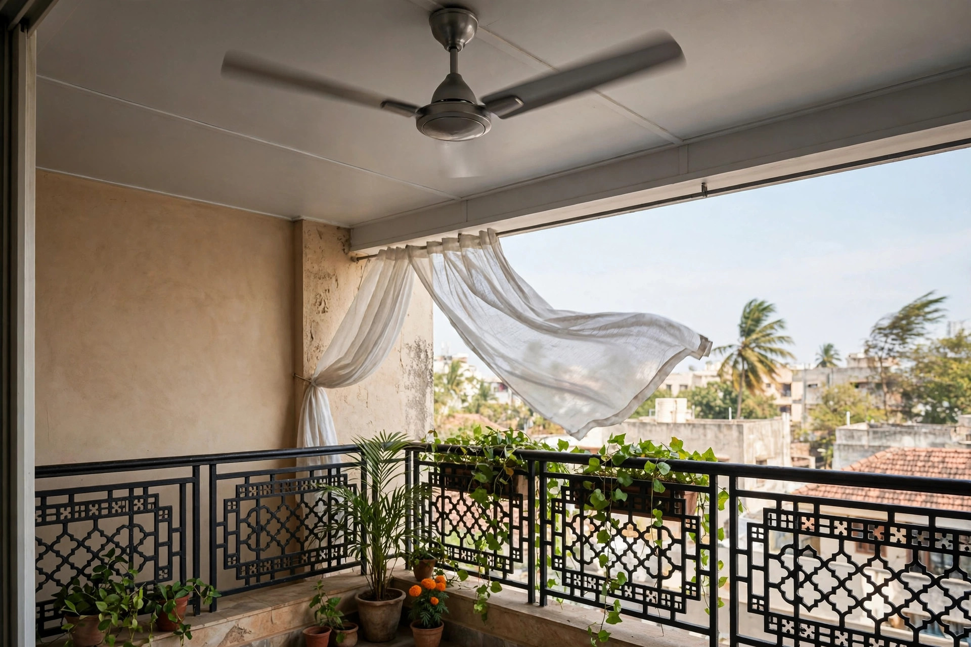 Concept render of an Indian balcony with a sleek outdoor ceiling fan mounted on a simple weather-safe ceiling on a breezy day