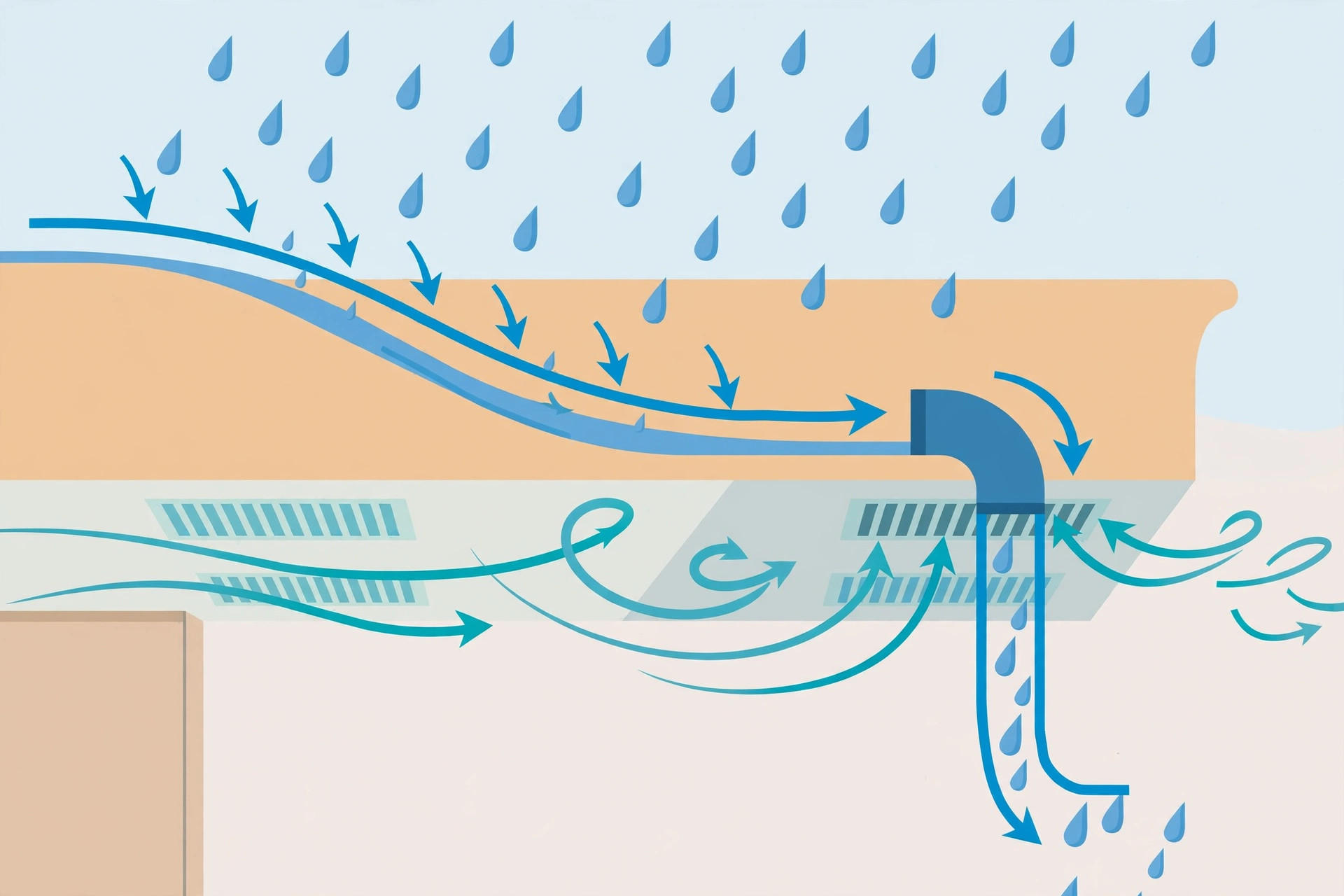 Illustration diagram showing rainwater drainage and airflow ventilation paths in a balcony ceiling design