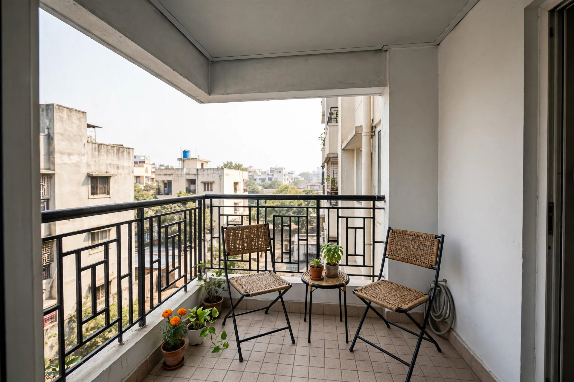 Concept render of a tiny Indian apartment balcony with a slim flat weatherproof ceiling and two chairs, compact and tidy