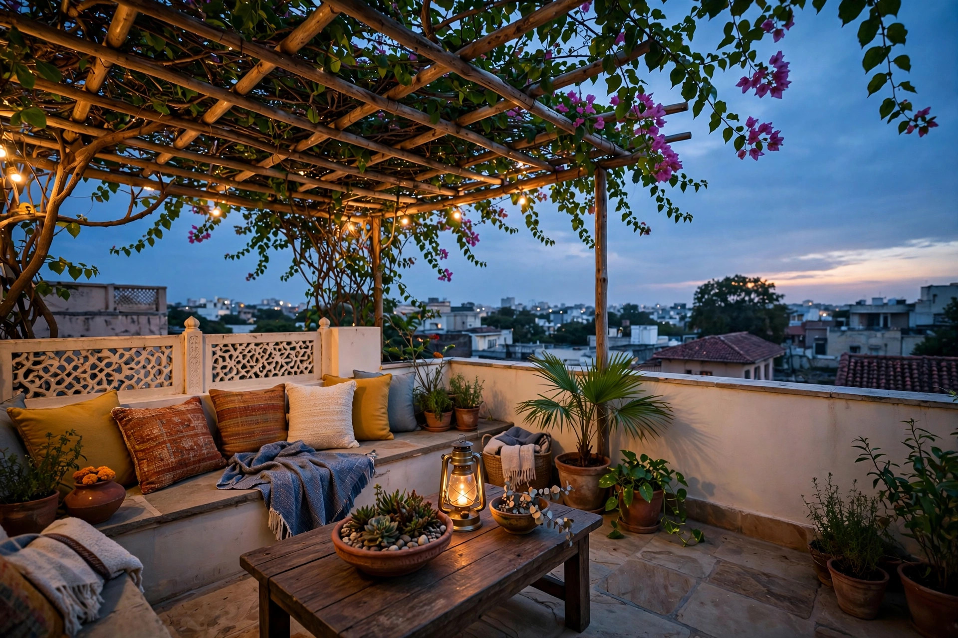 Concept render of a rooftop terrace sit-out of an Indian home with a partial pergola ceiling and outdoor seating under the evening sky
