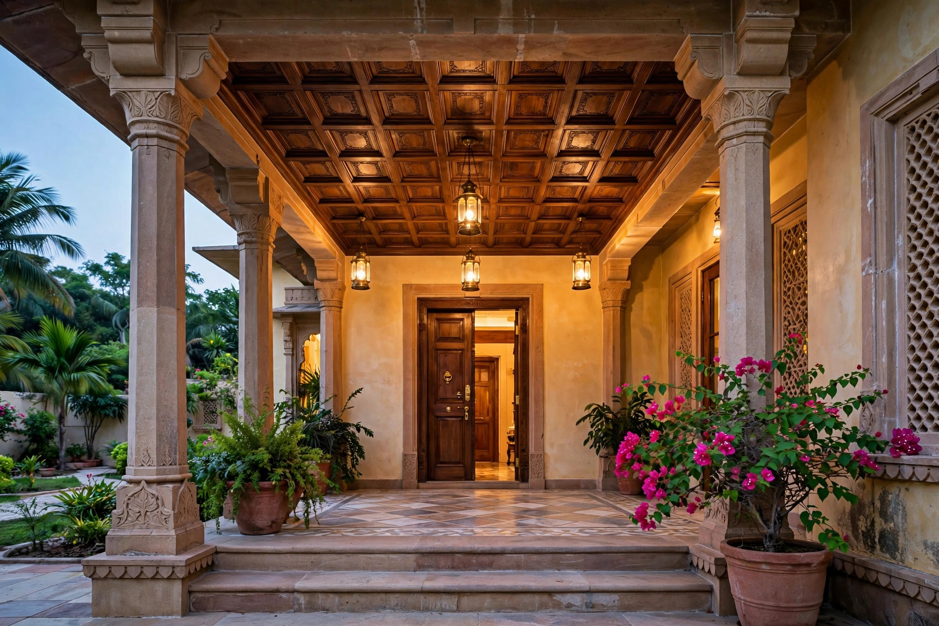 Concept render of the front porch of an Indian villa with an elegant panelled ceiling and warm entrance lighting