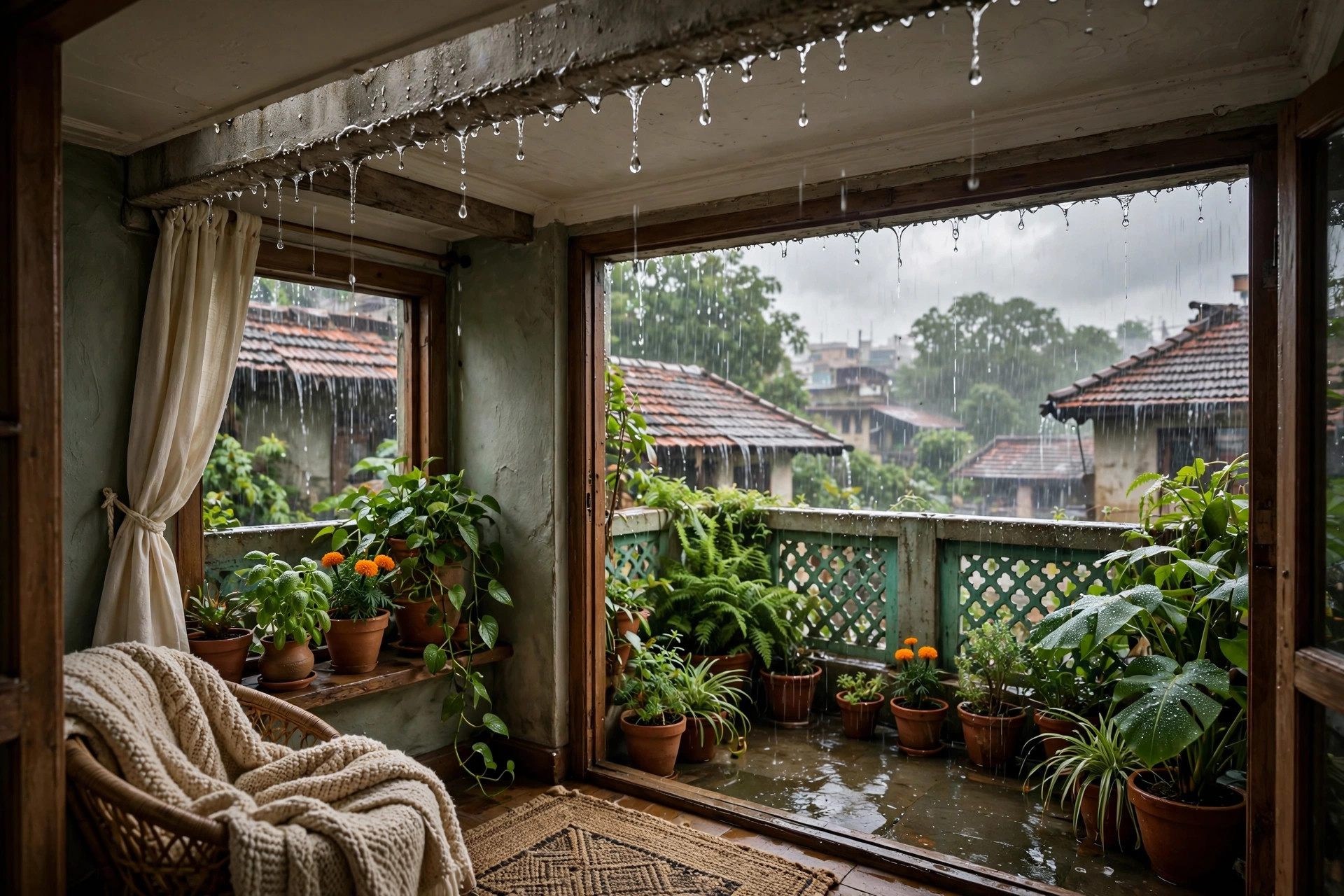 Concept render of an Indian balcony during monsoon rain seen from inside, water beading on the weather-safe ceiling edge, plants thriving