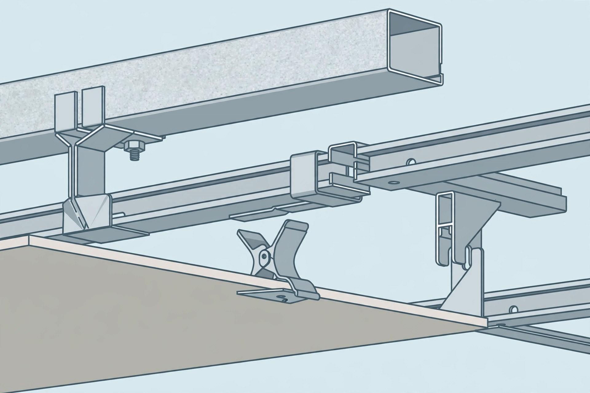 Illustration close-up diagram of a rust-proof galvanised metal ceiling frame with panel fixing detail