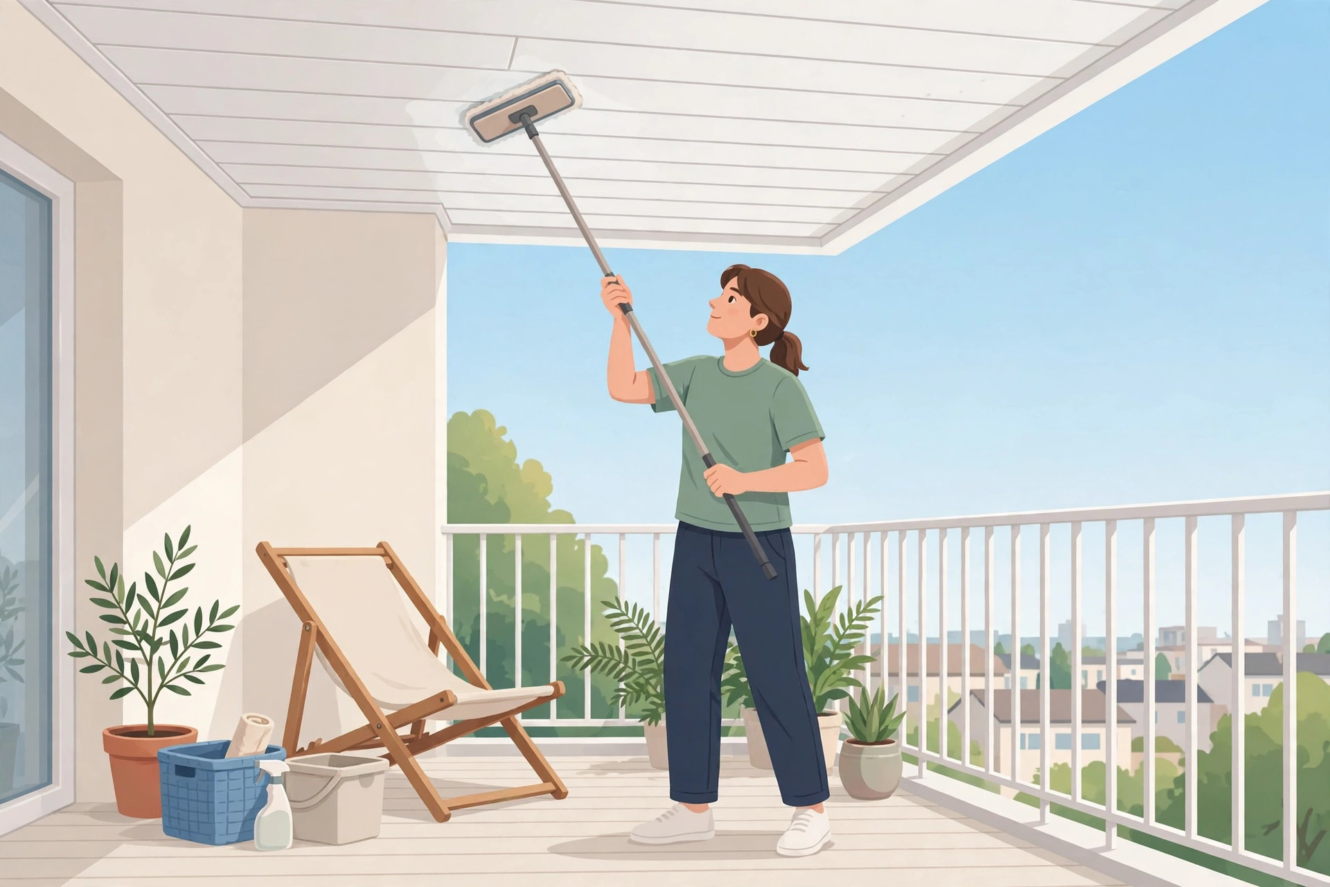 Illustration of a person wiping a balcony PVC ceiling panel with a damp cloth on a long handle