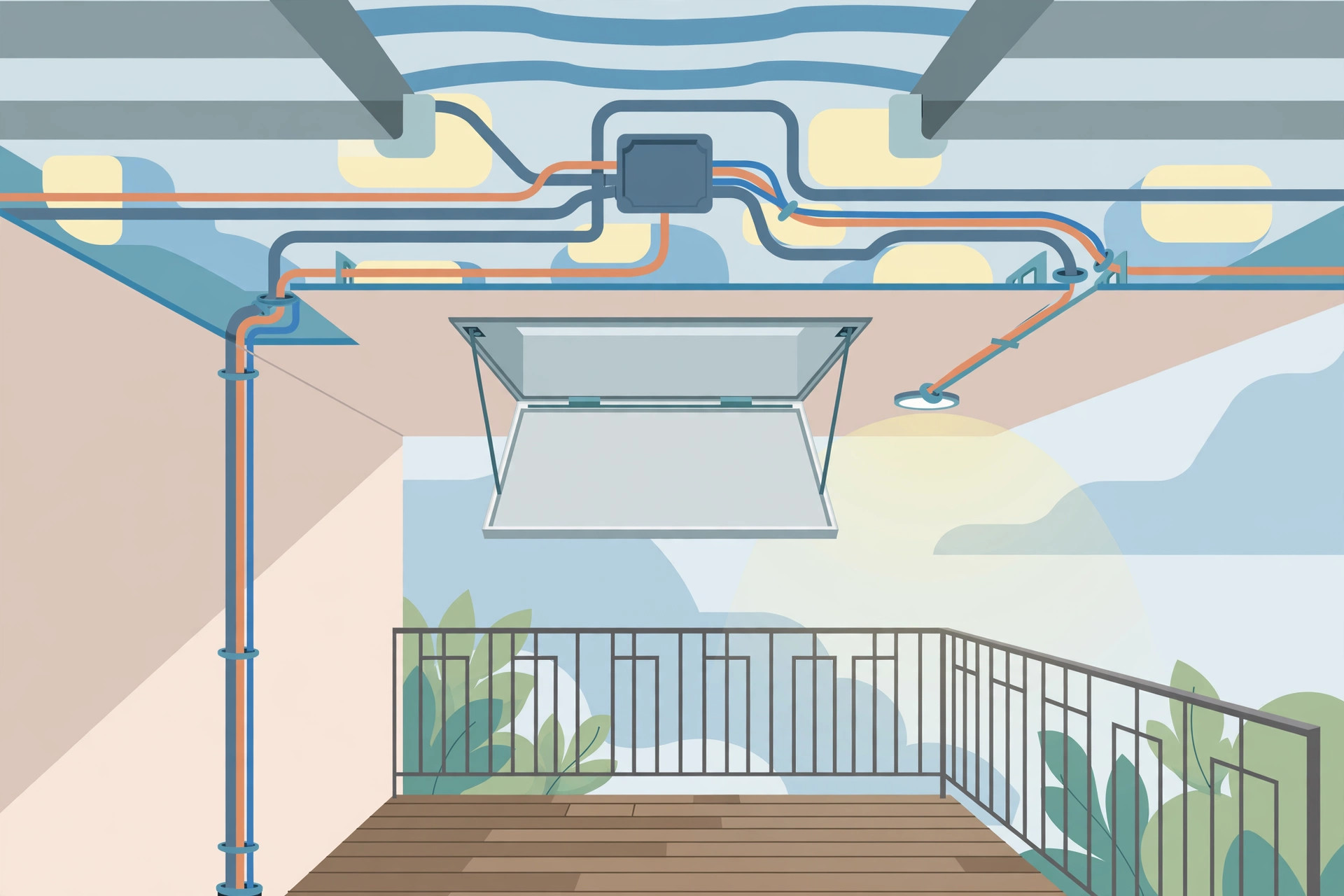Illustration diagram of weatherproof outdoor-rated wiring concealed above a balcony ceiling with an access panel