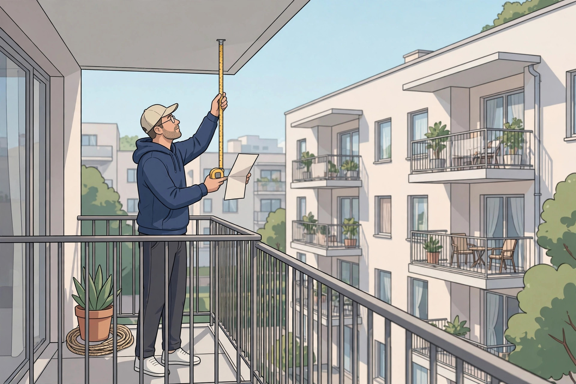 Illustration of a homeowner measuring balcony ceiling height with a tape measure while checking a paper document