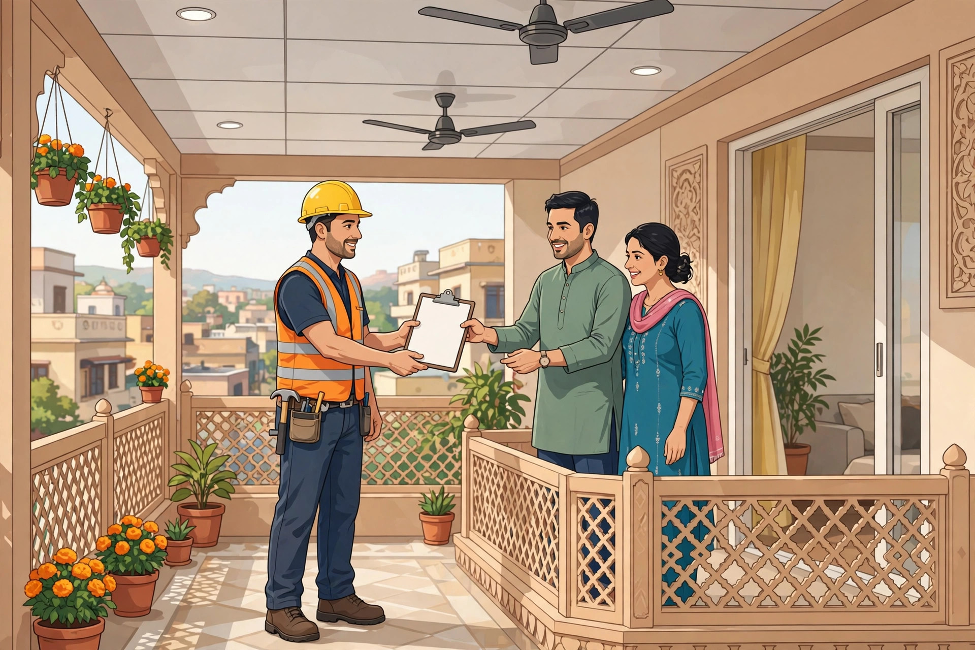 Illustration of a contractor handing a completion checklist to a homeowner couple on a finished Indian balcony
