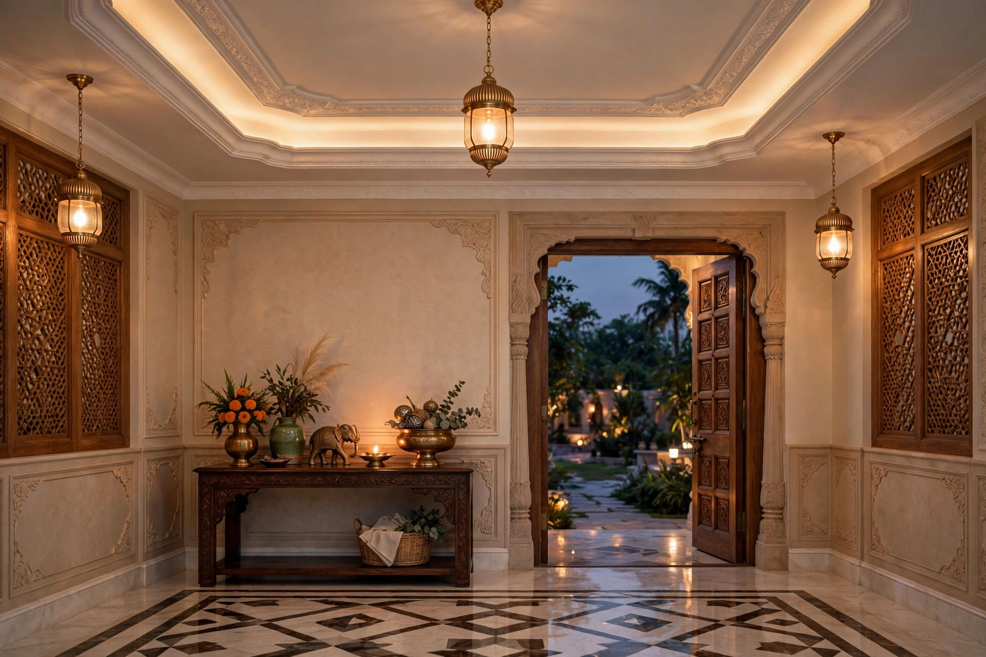 Concept render of a grand Indian home foyer entrance with an elegant tray false ceiling, warm pendant lights and a console table with decor
