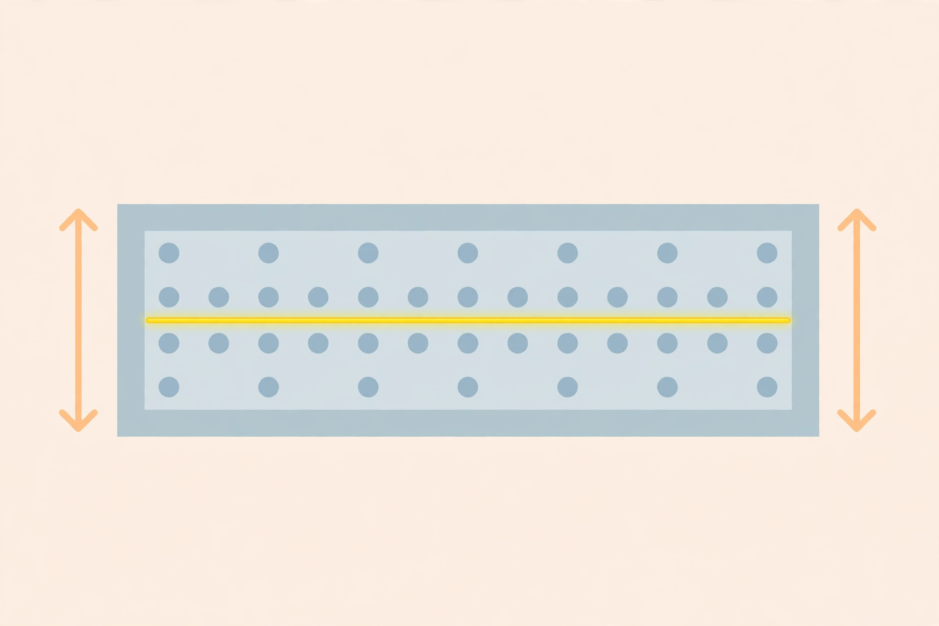 Illustration diagram of a narrow corridor ceiling plan showing a linear light run, recessed spot rhythm and width arrows