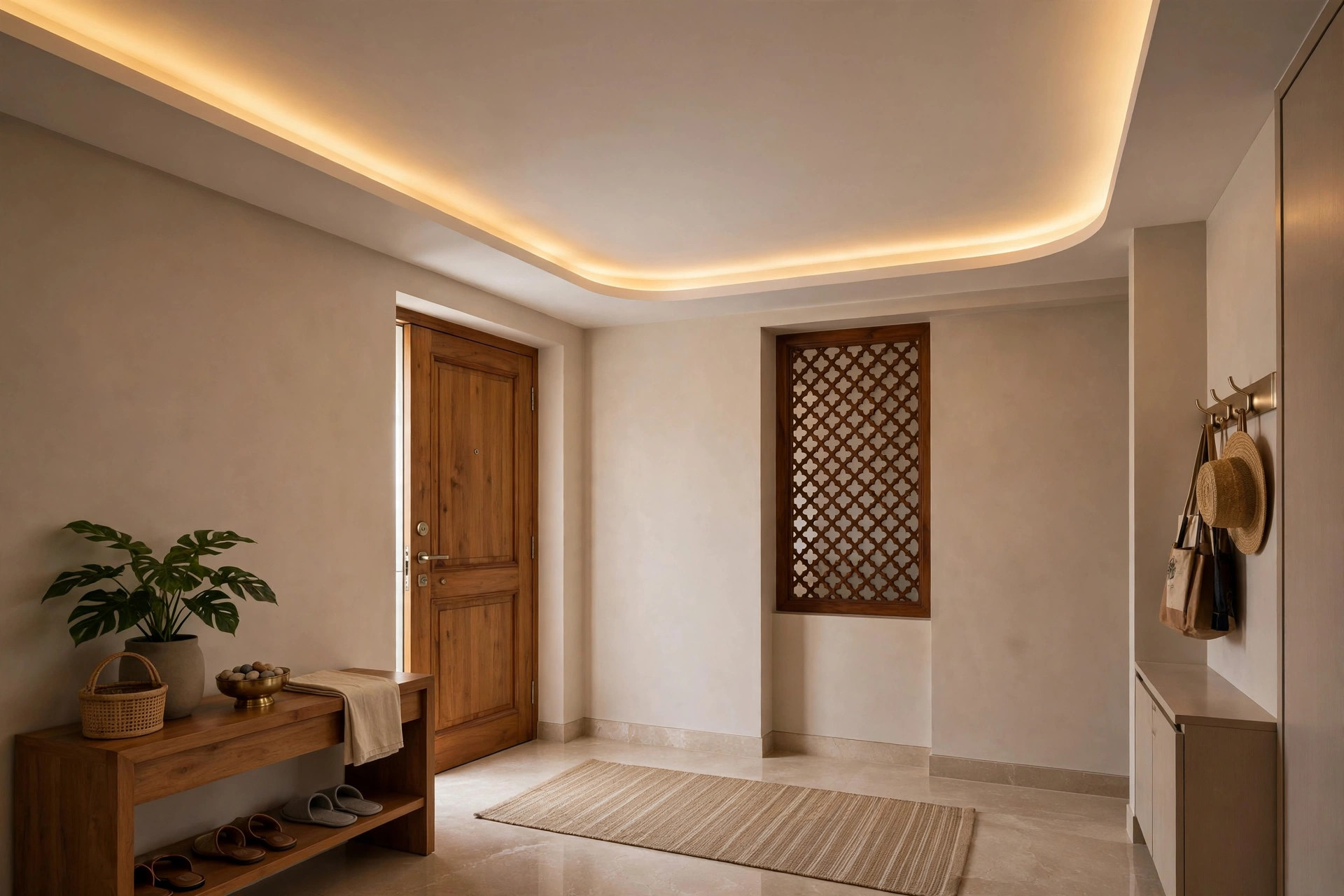 Concept render of a smooth white gypsum false ceiling with a cove-lit border in an Indian apartment foyer