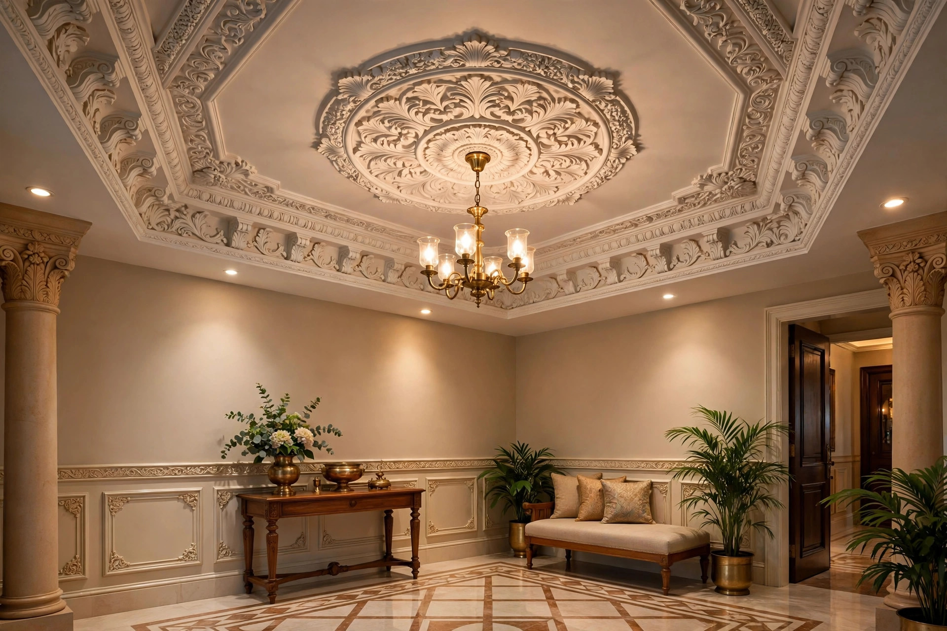 Concept render of a classic POP false ceiling with ornate mouldings and a central medallion in an elegant Indian home lobby