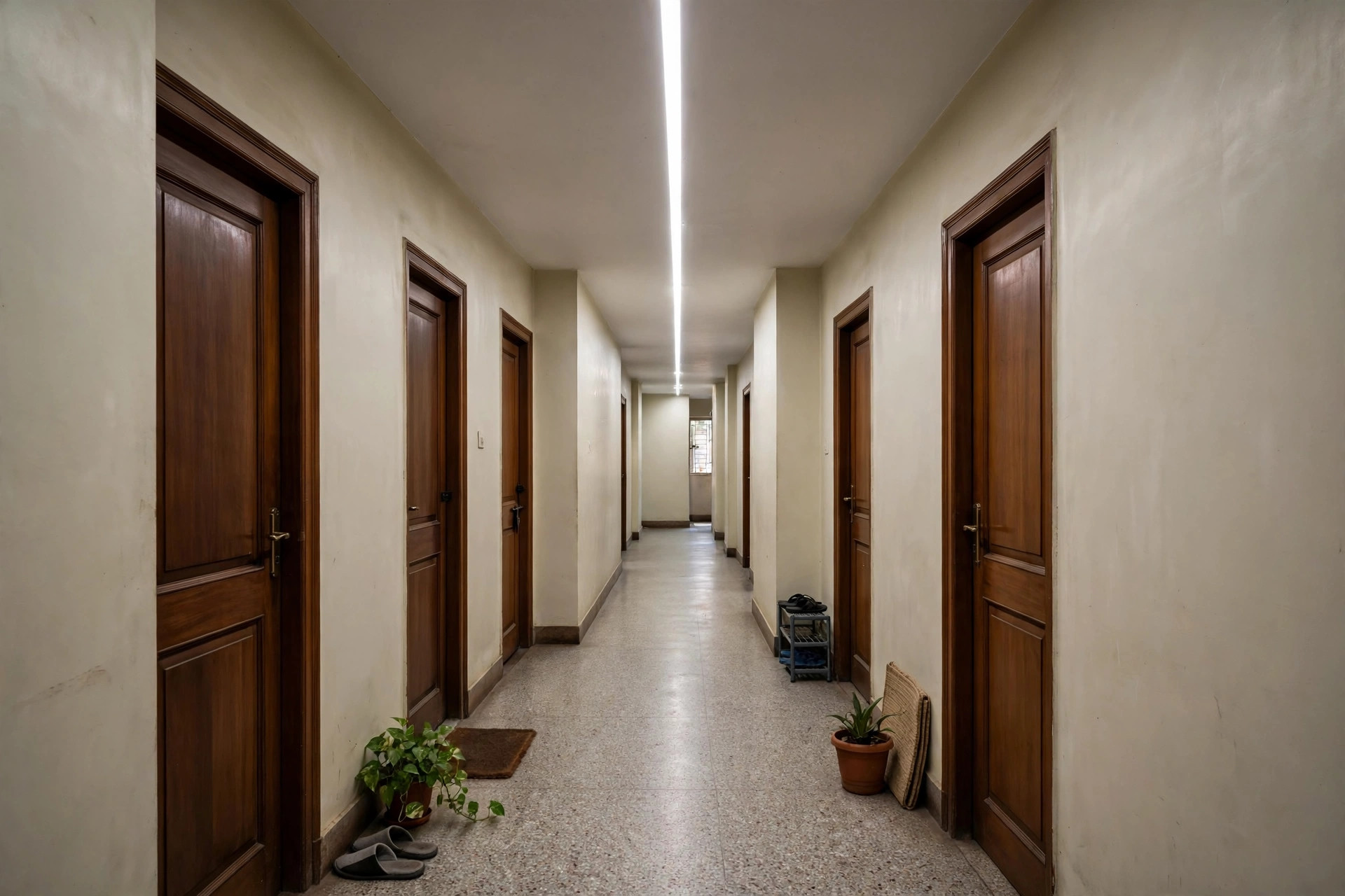 Concept render of a long narrow Indian apartment corridor with a full-length linear LED profile light running down the ceiling centre