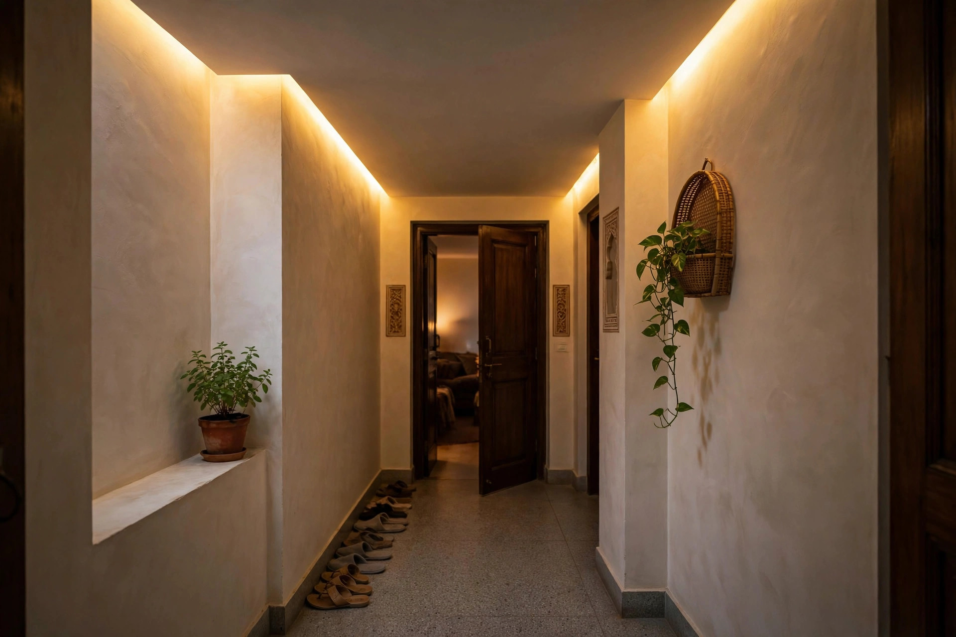 Concept render of a narrow corridor with warm cove lighting along both ceiling edges, walls glowing softly