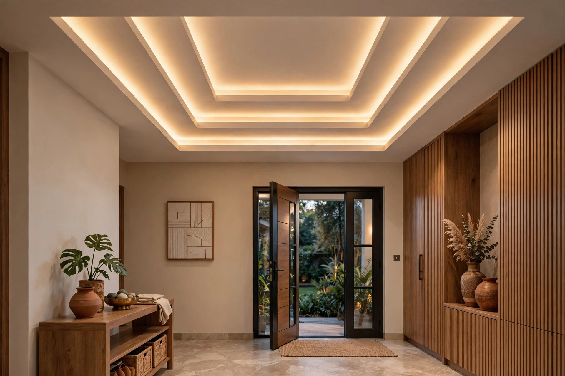 Concept render of a stepped tray false ceiling with a hidden LED strip in a modern Indian foyer entrance