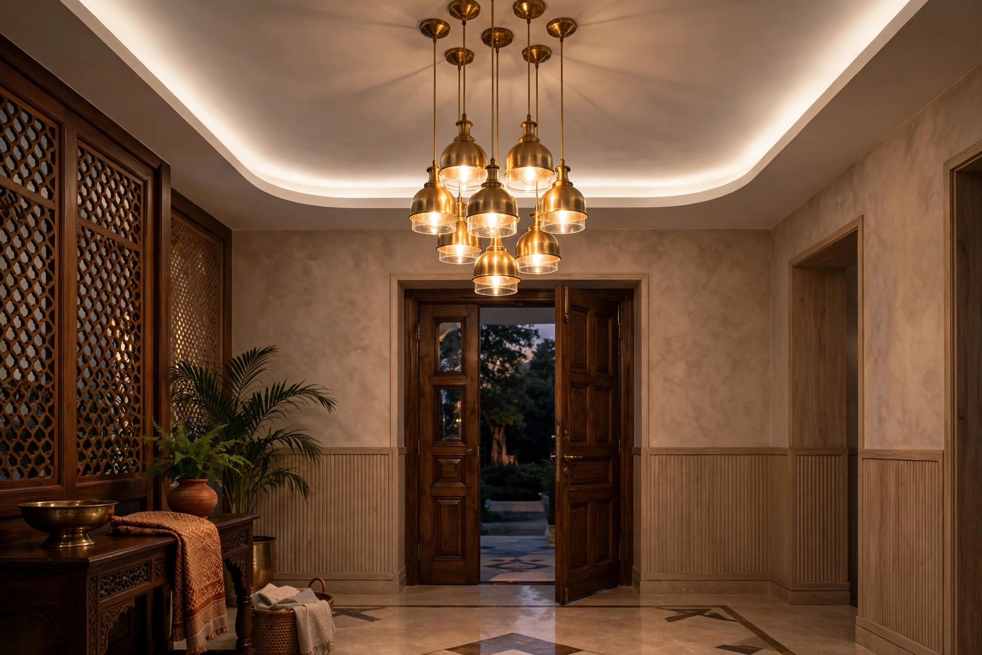 Concept render of an Indian foyer with a cluster of hanging pendant lights from a simple elegant false ceiling
