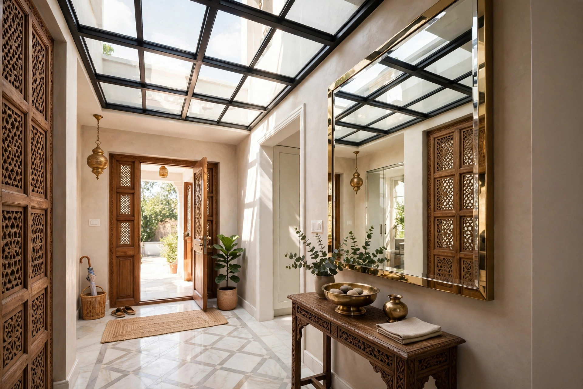 Concept render of a small Indian foyer with glossy mirror ceiling inserts reflecting light, making the space feel wider