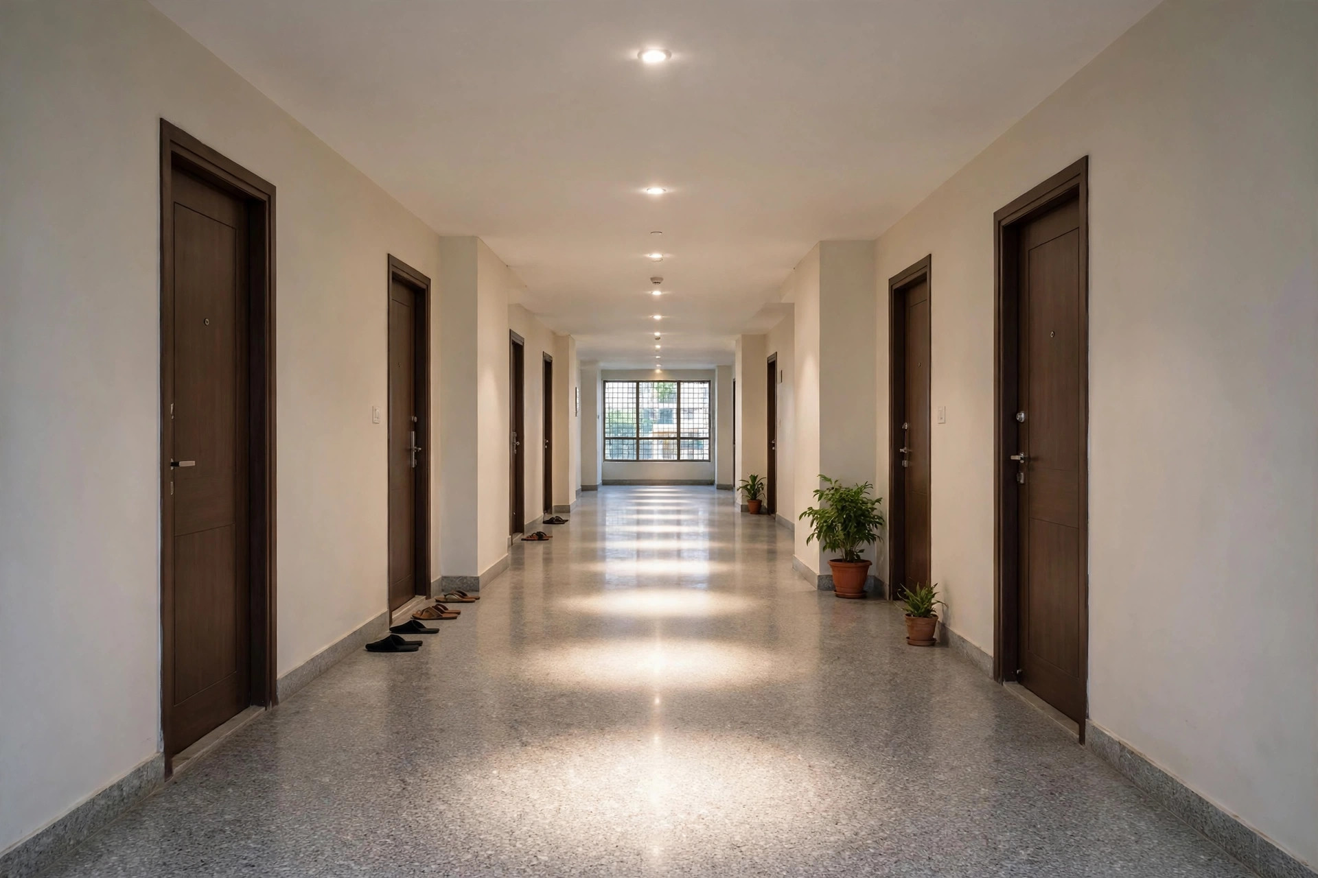 Concept render of an Indian apartment corridor with evenly spaced recessed downlights in a clean flat ceiling