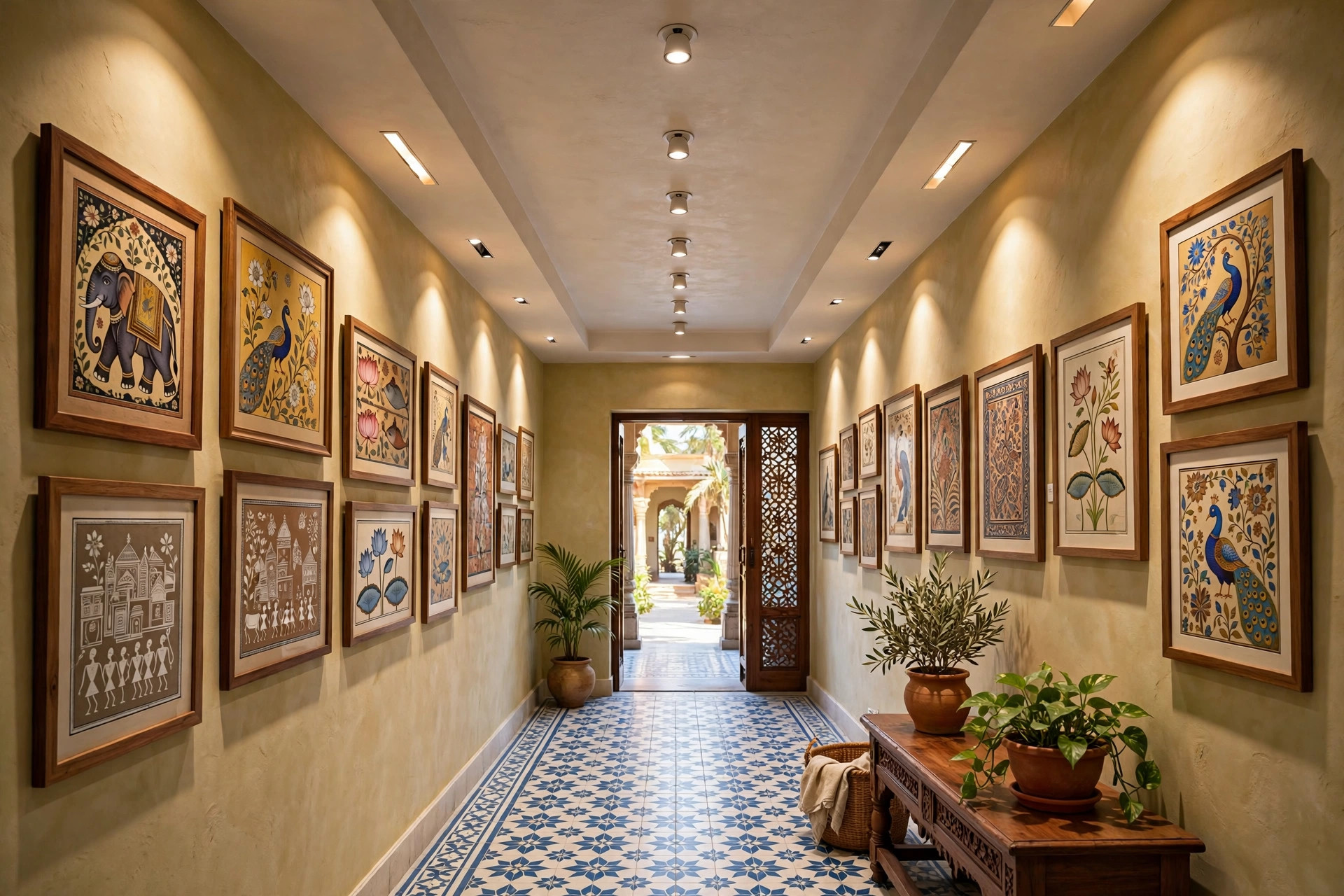 Concept render of an art-lined Indian home corridor with ceiling wall-washer lights highlighting framed paintings