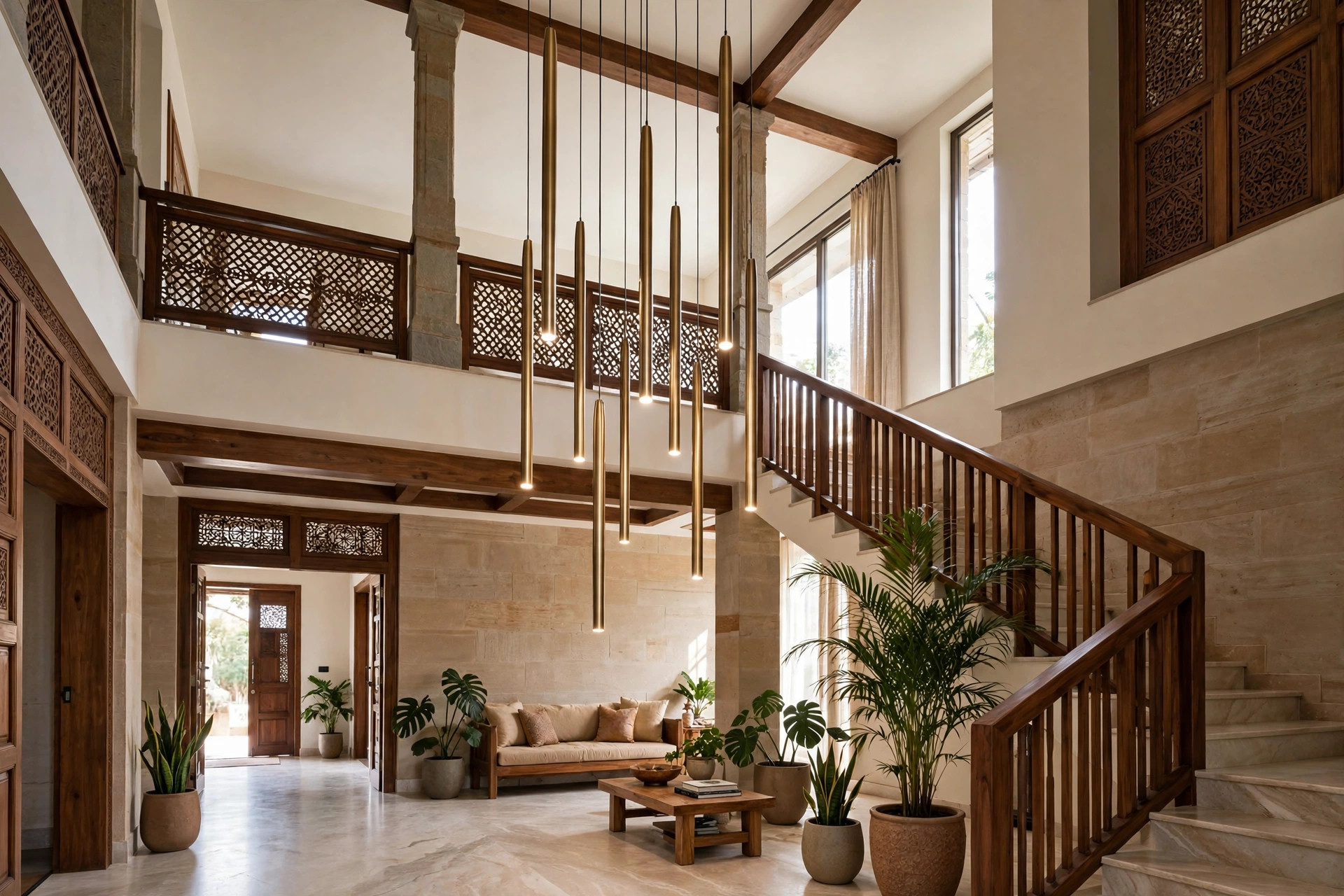 Concept render of a double-height duplex lobby of an Indian home with a dramatic tall ceiling and long statement pendant lights