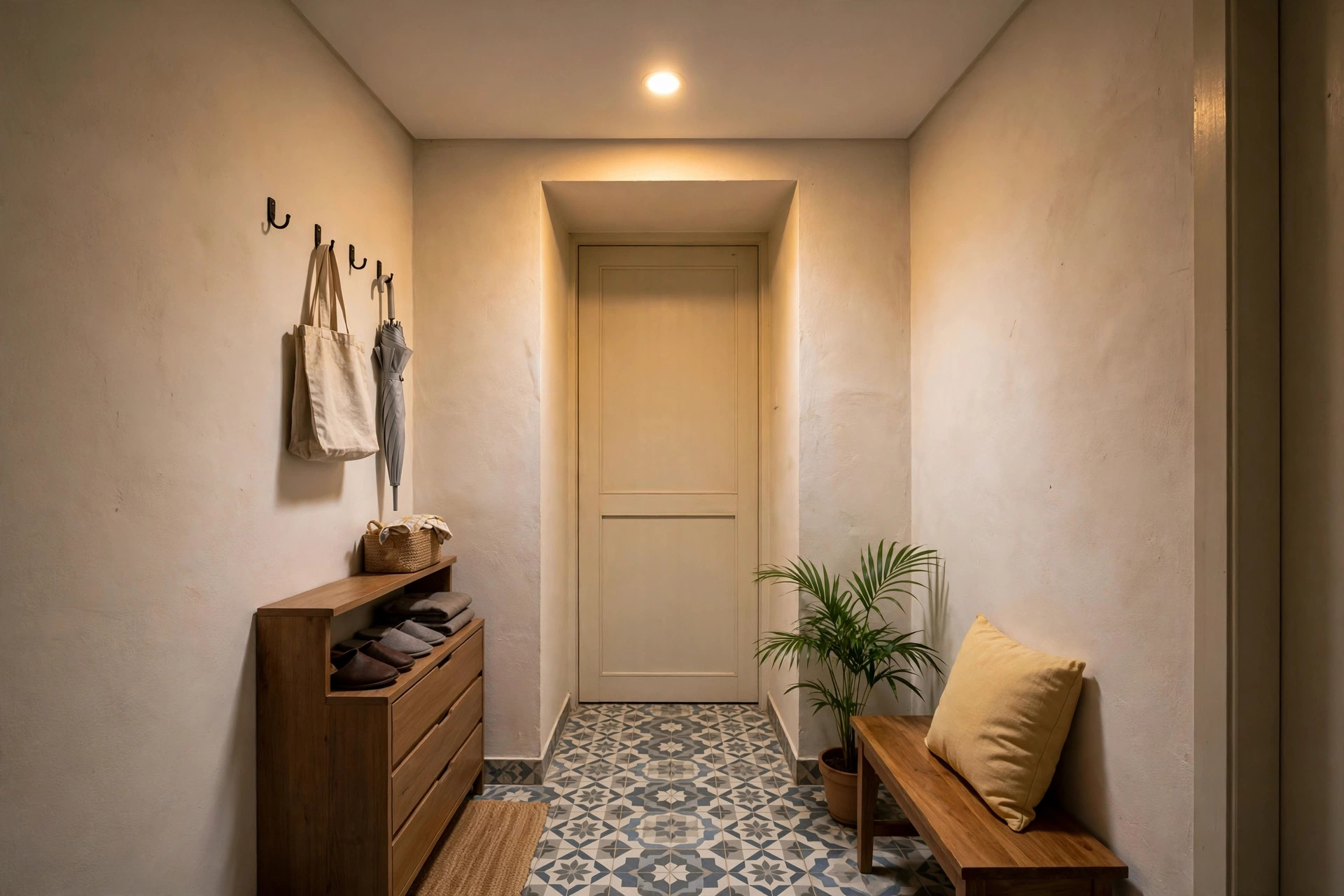 Concept render of a tiny Indian apartment entrance foyer with a slim flat ceiling and one warm recessed light